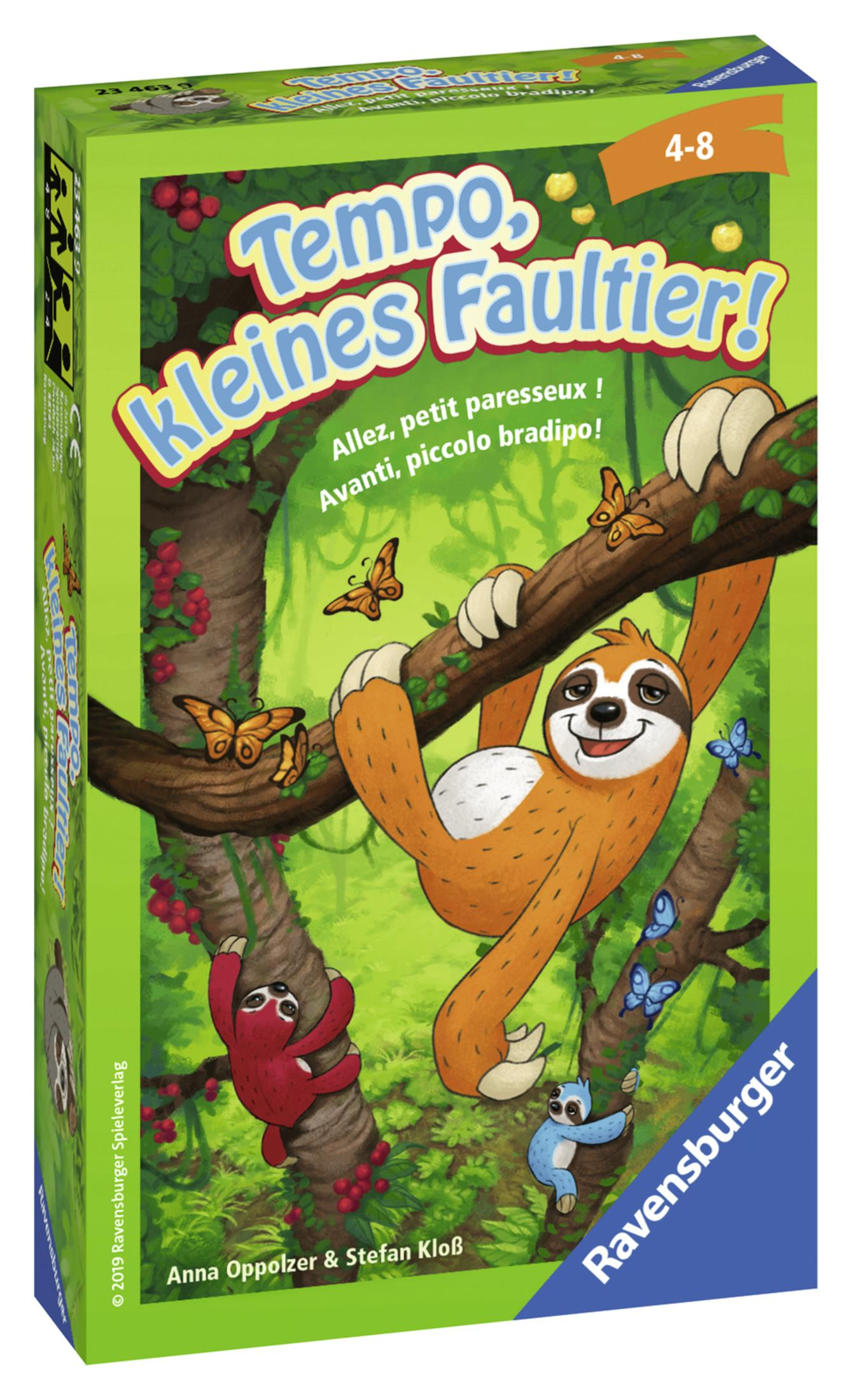 Eine Spielbox mit einem Cartoon-Faultier, das an einem Baum hängt, mit Schmetterlingen.