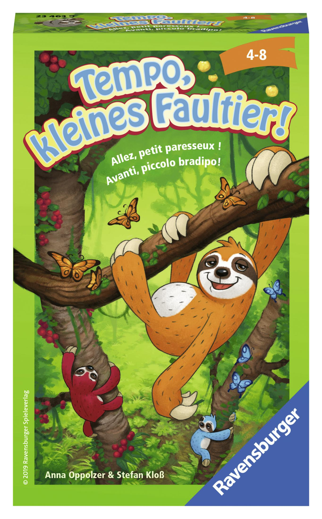 Spielbox mit einem Faultier, das an einem Ast hängt. Schmetterlinge und andere Faultiere sind ebenfalls zu sehen.