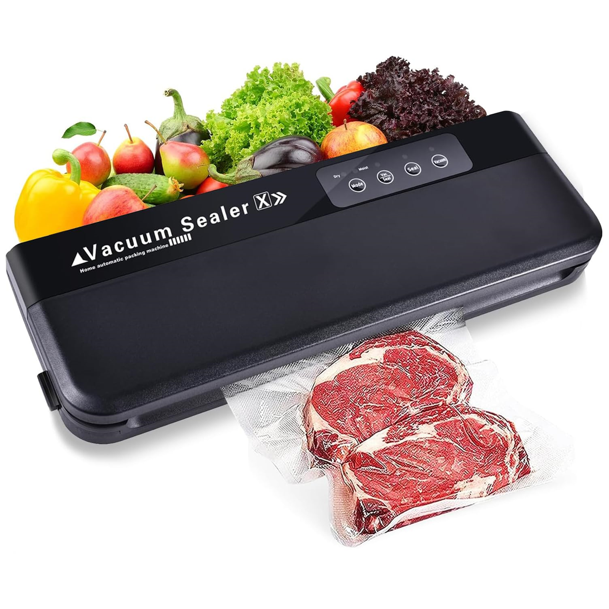 Ein schwarzes Vakuumiergerät mit einer Vielzahl von frischen Produkten und zwei Steaks in einem Beutel versiegelt.
