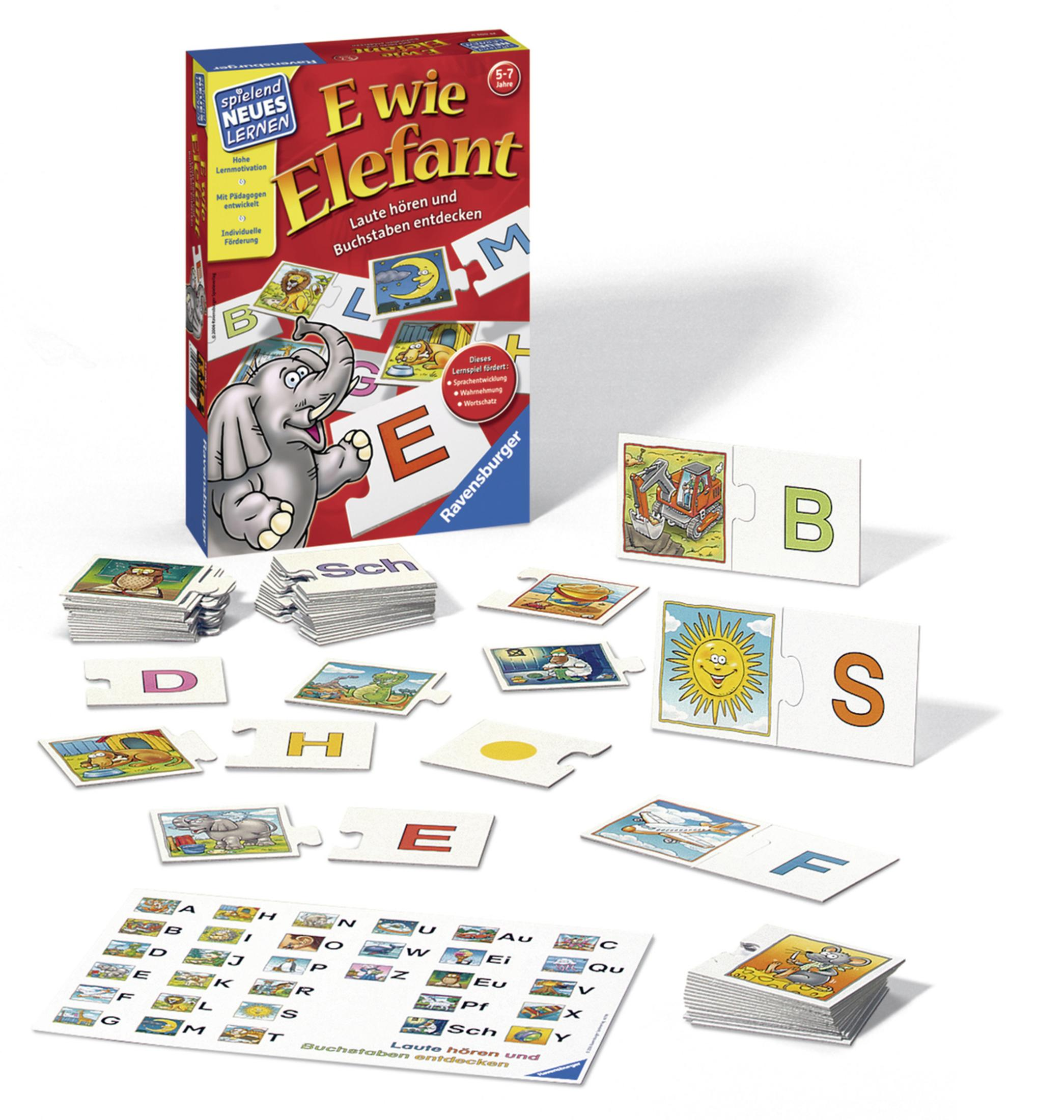 Gra dla dzieci w pudełku z elementami układanki, literami i słoniem.