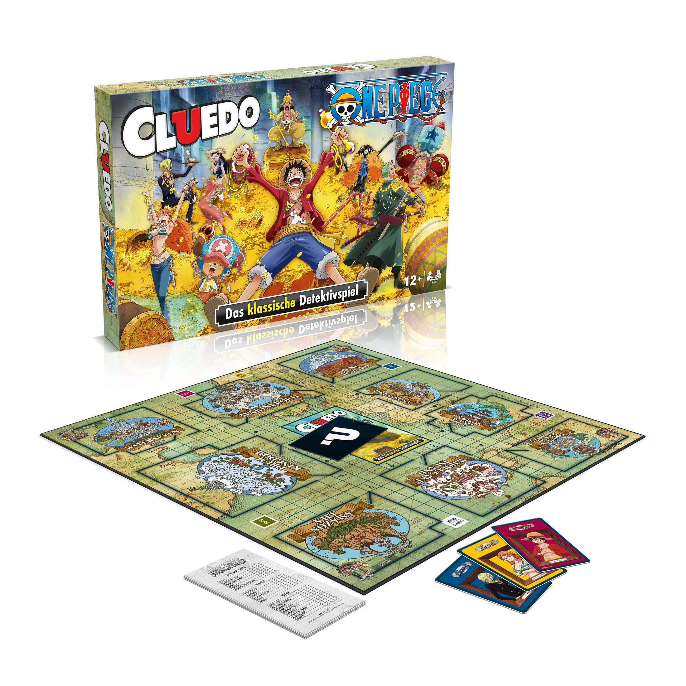 Cluedo-Brettspiel mit One Piece-Charakteren. Eine Box, ein Spielbrett und Spielkarten sind sichtbar.