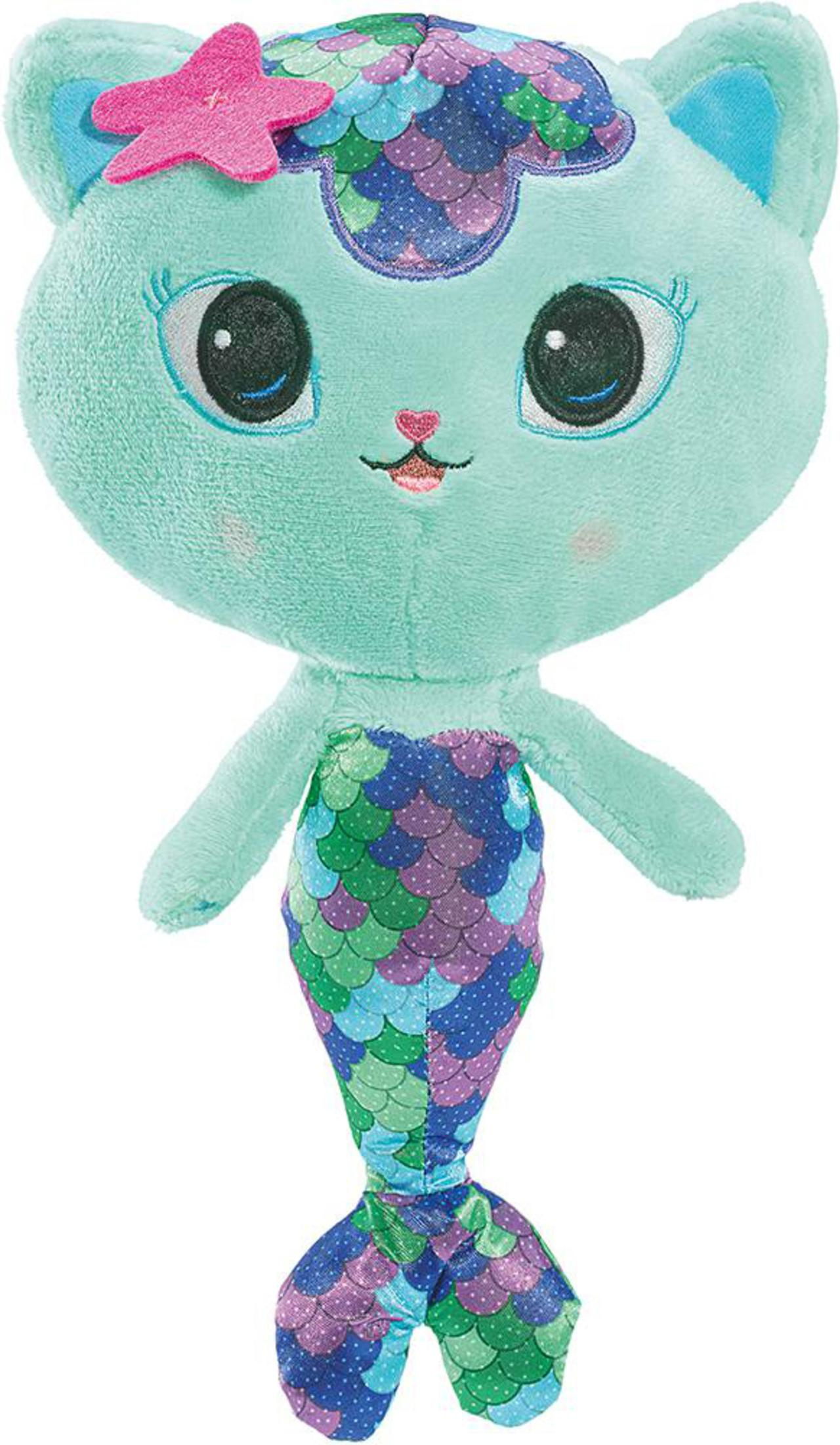 Pluszowa zabawka syrenka, turkusowy korpus, fioletowy ogon, różowa rozgwiazda na głowie.
