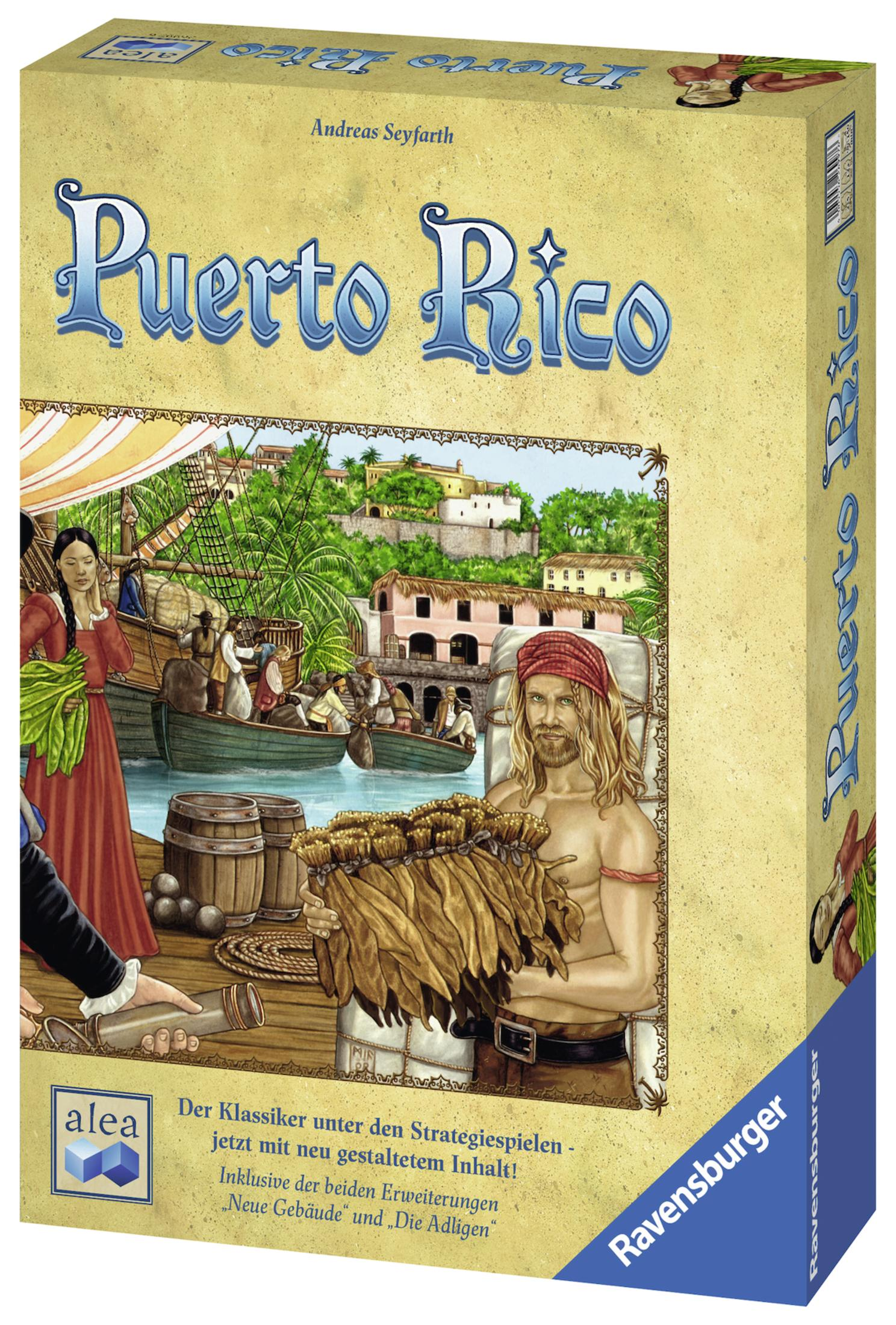 Eine Spielbox von Puerto Rico, mit einem Mann, der Tabakblätter hält.