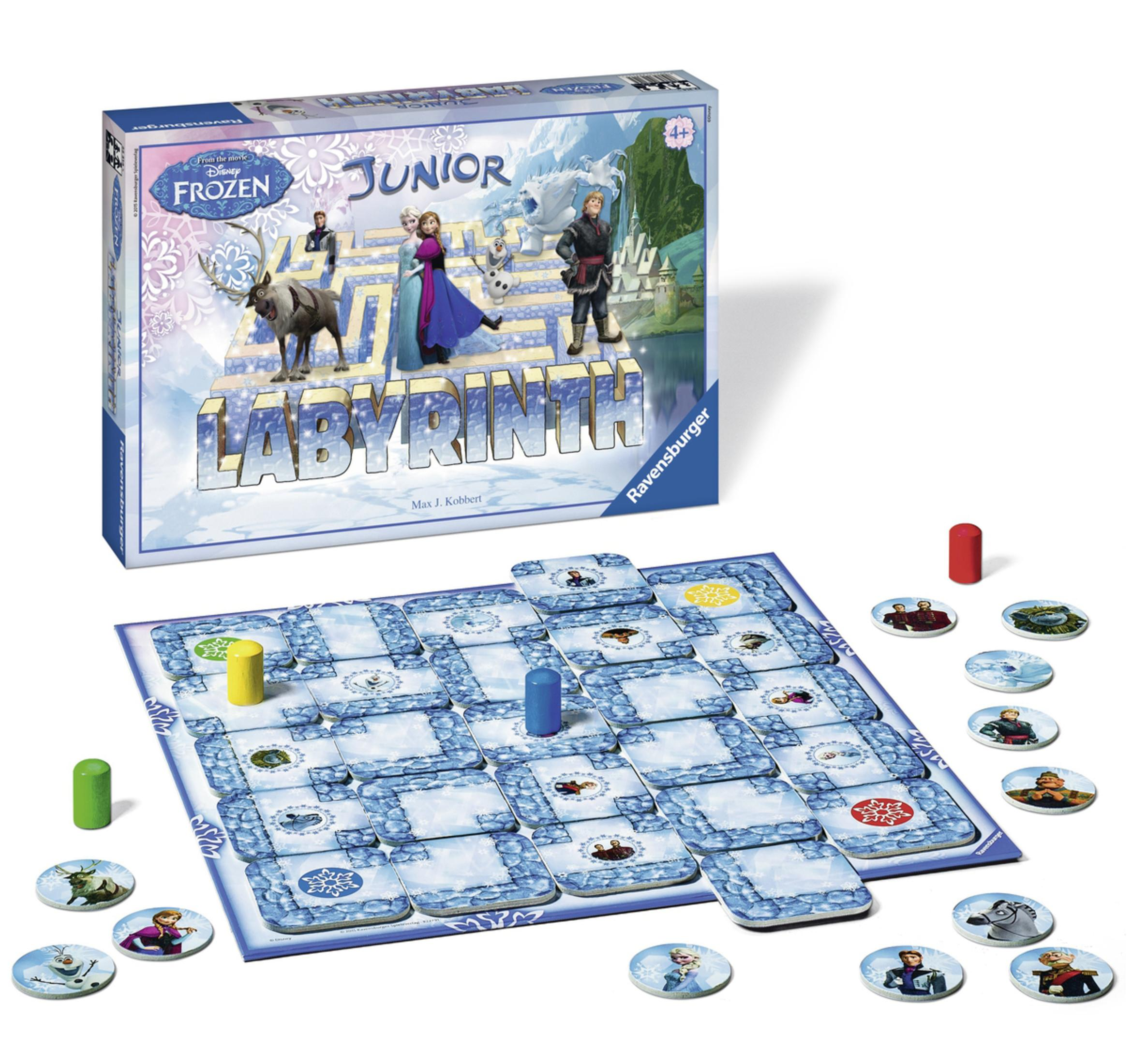 Frozen Labyrinth Brettspielbox und Spielbrett mit Spielsteinen. Weißer Hintergrund.