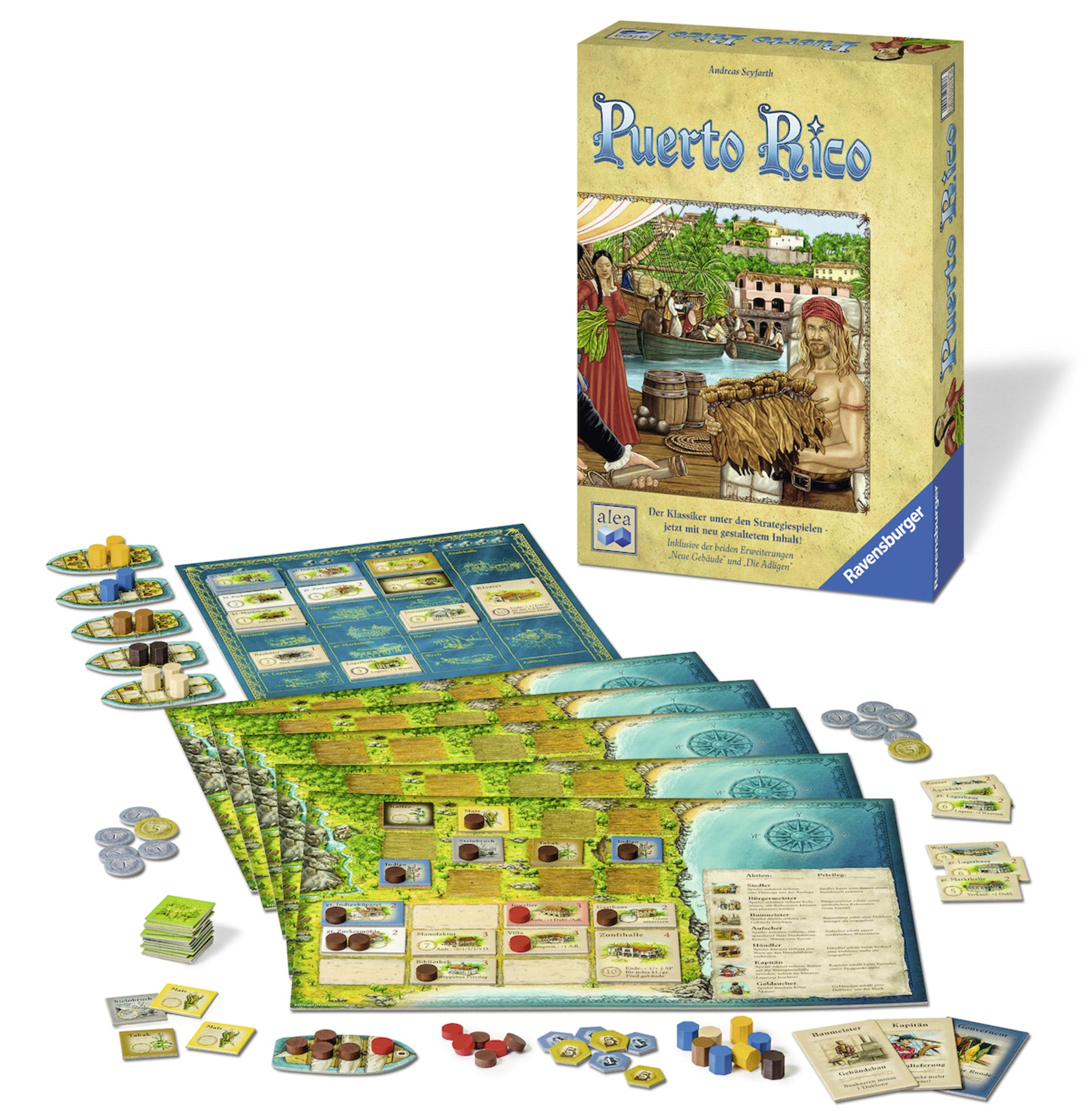 Brettspiel Puerto Rico mit Spielsteinen und einer Box, die eine Hafenszene zeigt.