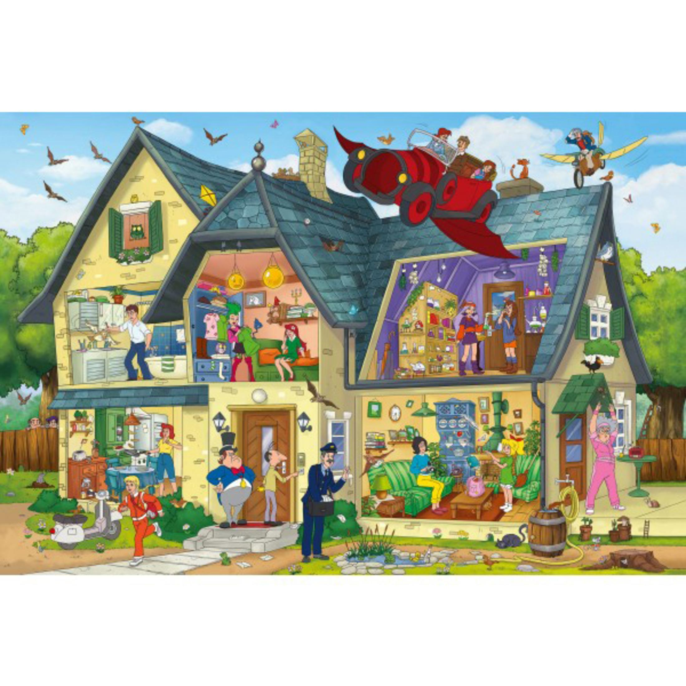 Cartoonhaus mit vielen Zimmern und Figuren, die verschiedene Aktivitäten ausüben.