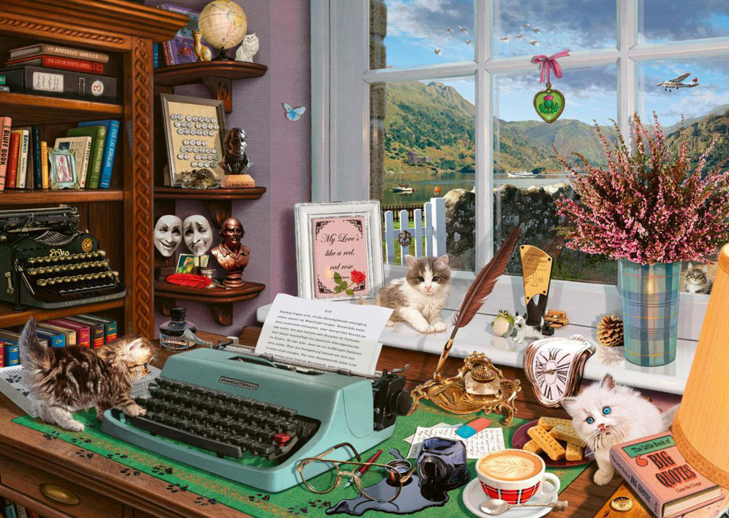 Bureau avec machine à écrire, chatons, encre, livres et fenêtre sur un paysage.
