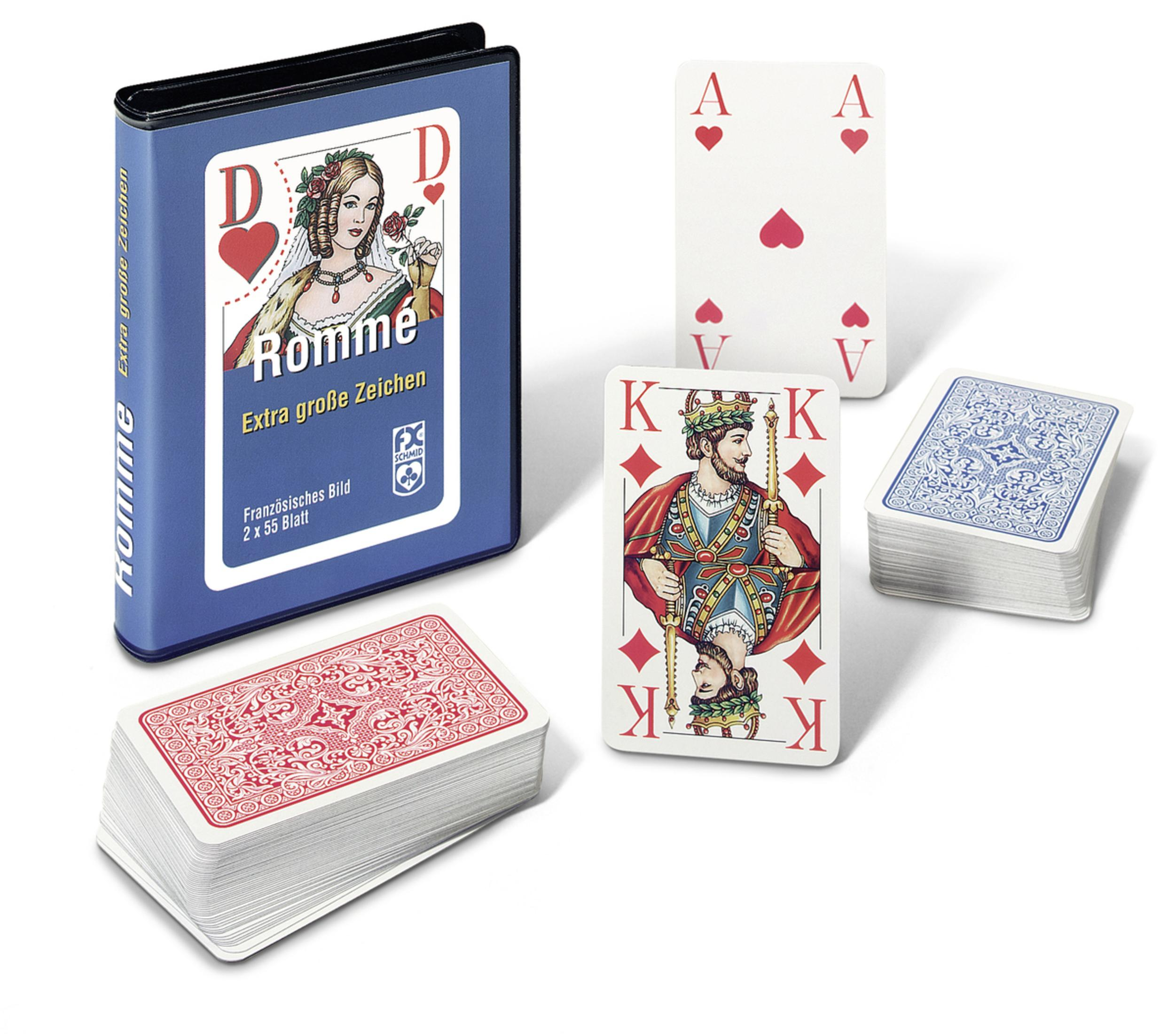 Blauer Kartenhalter mit Spielkarten. Herz-Ass und Karo-König sind sichtbar, neben zwei Kartenstapeln.