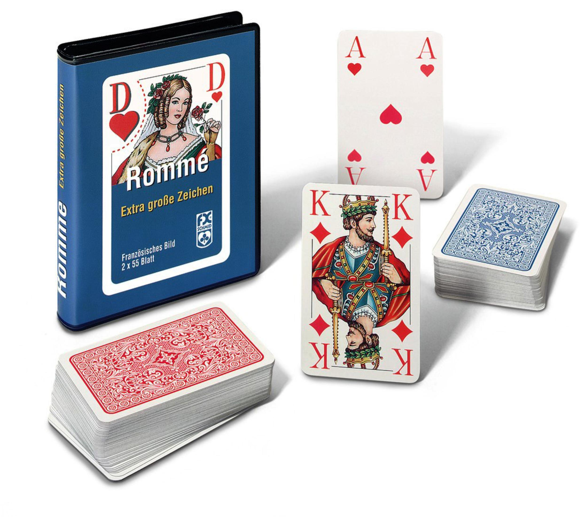 Spielkarten: ein Deck, ein Ordner und drei Karten sind sichtbar. Karten haben verschiedene Farben und Gesichter.