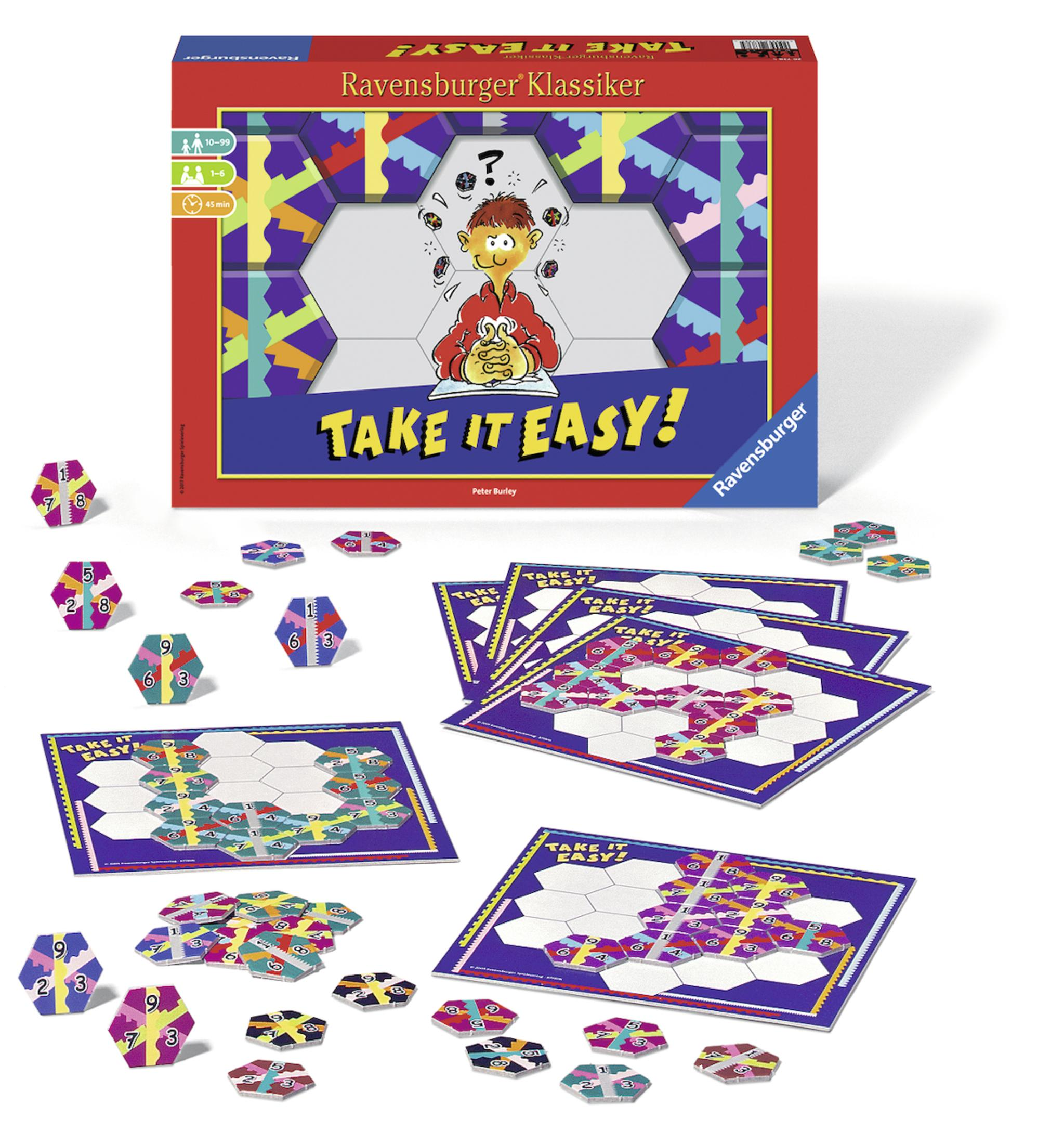 Spielbox von Take it Easy, mit einem Mann mit bunten Formen und einem Fragezeichen.
