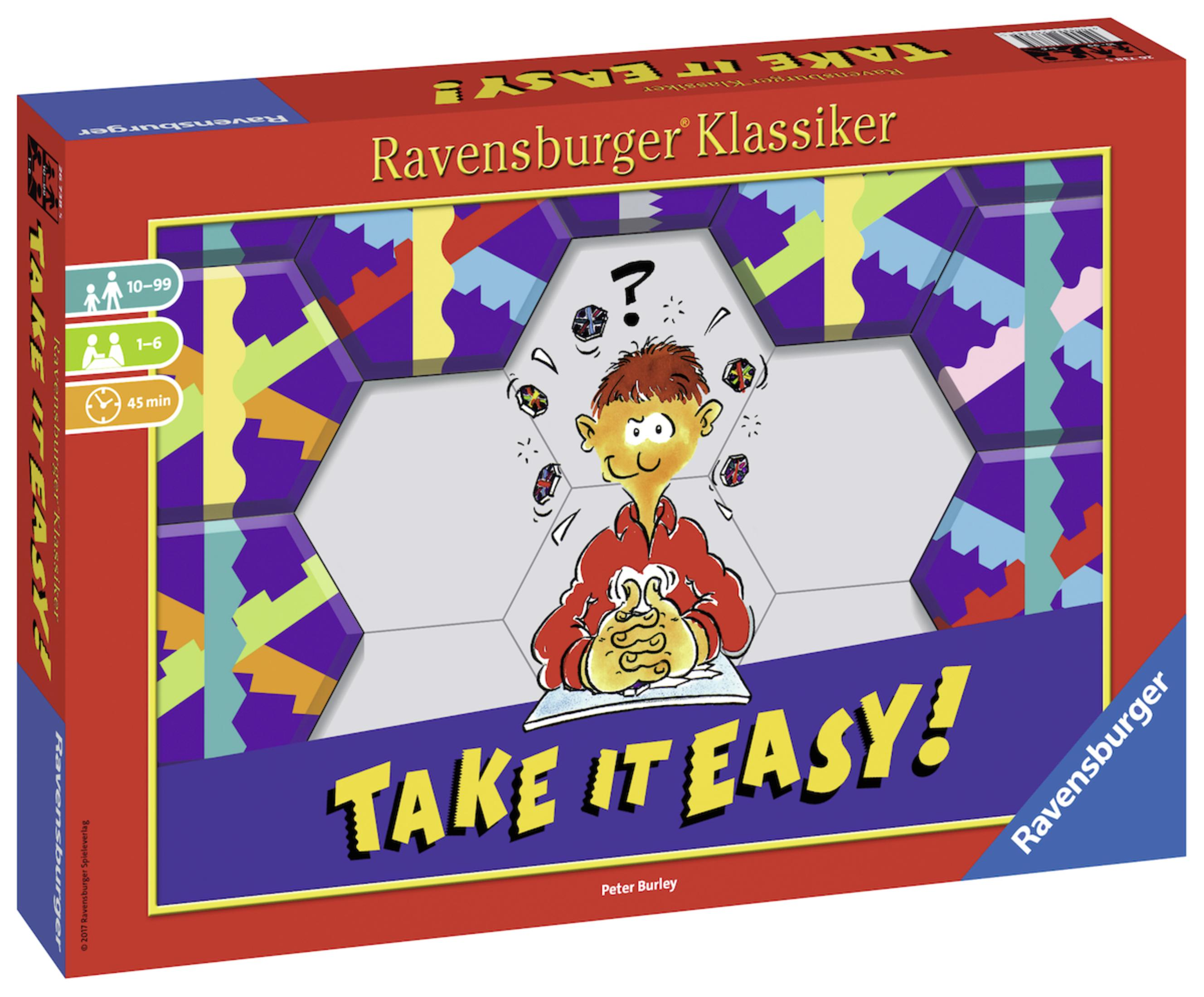Take it Easy Spielbox zeigt einen Mann, der Formen jongliert, mit einem Fragezeichen über dem Kopf.