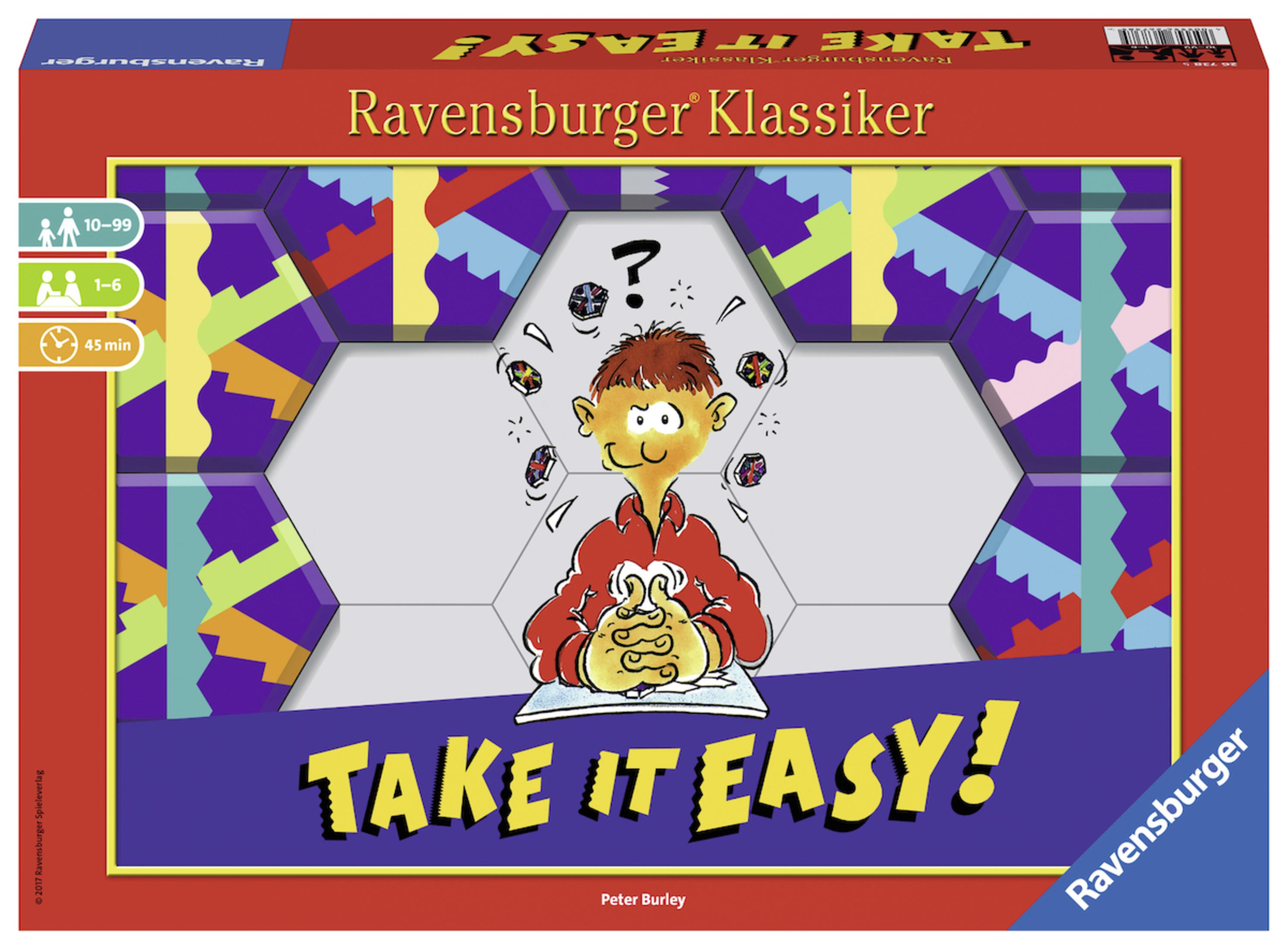 Take it Easy Spielbox mit einem Mann, der Formen jongliert, einem Fragezeichen und dem Namen des Spiels.