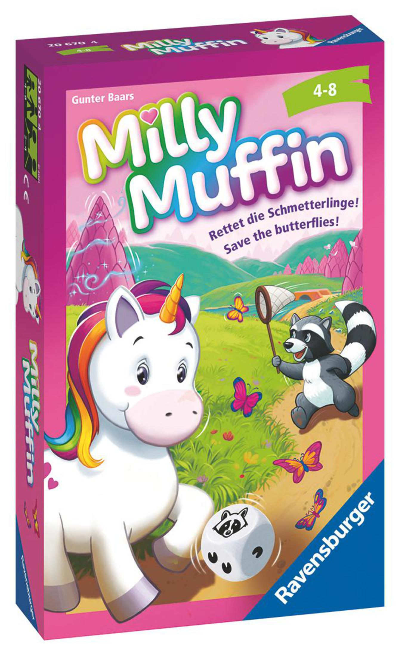 Eine Spielbox. Die Vorderseite hat ein Einhorn mit Regenbogenmähne und einen Waschbären mit einem Netz.