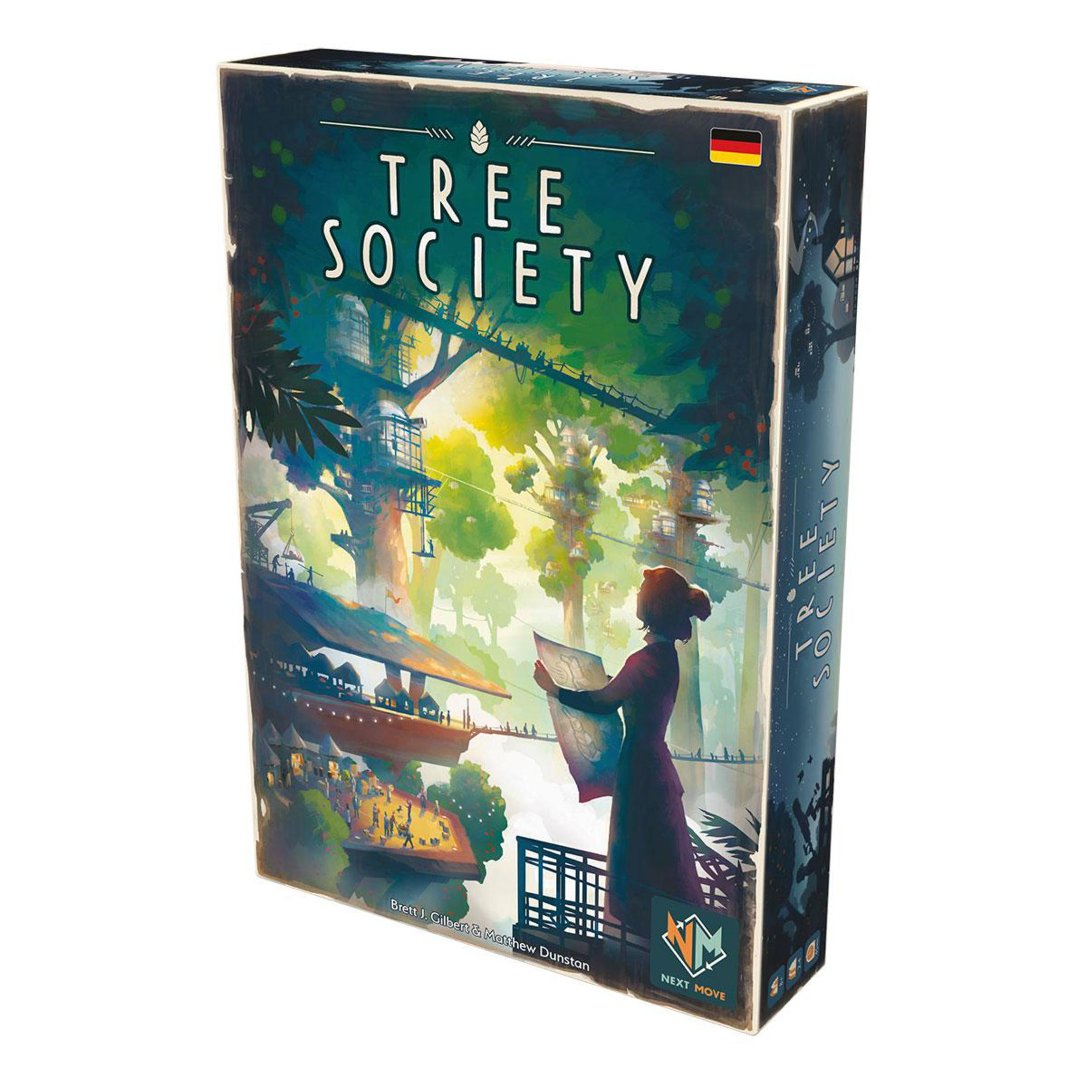 Eine Brettspielbox mit dem Titel 'Tree Society', mit einer Fantasy-Illustration.