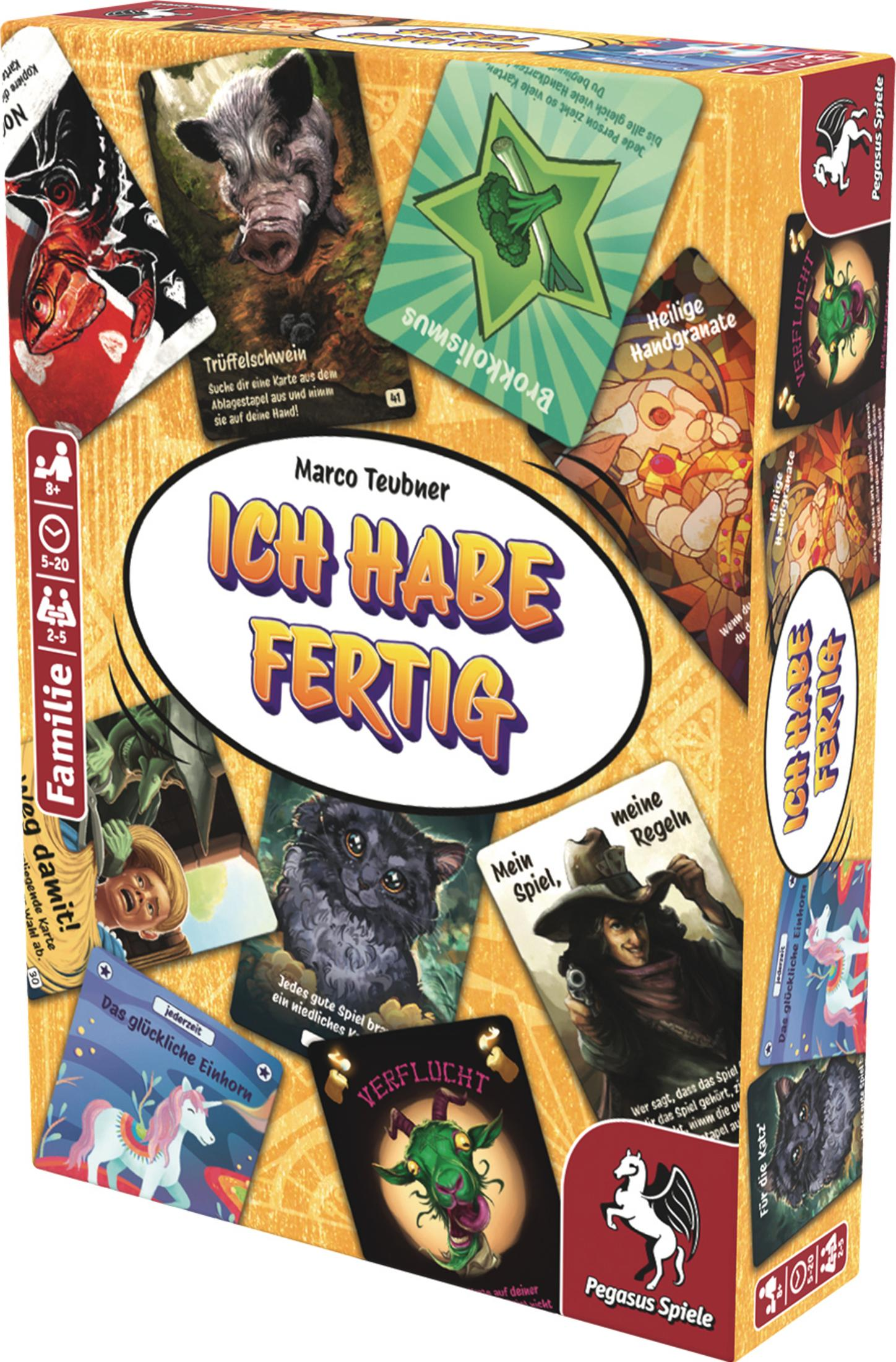Boîte de jeu de société intitulée 'Ich Habe Fertig' avec diverses cartes de jeu comportant des images et du texte.