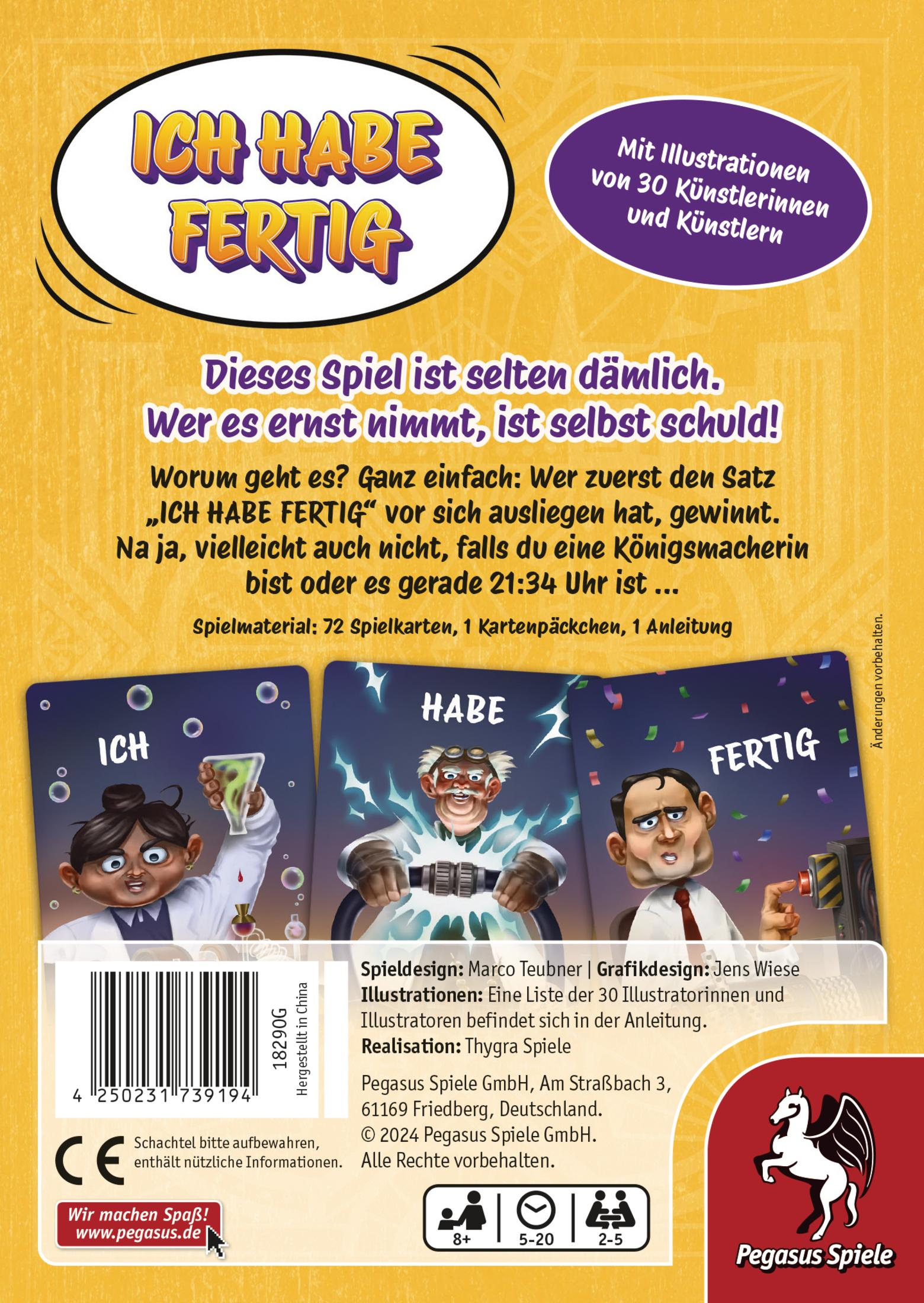 Boîte de jeu avec cartes. Texte allemand : "Ich habe fertig". Illustrations de personnages.