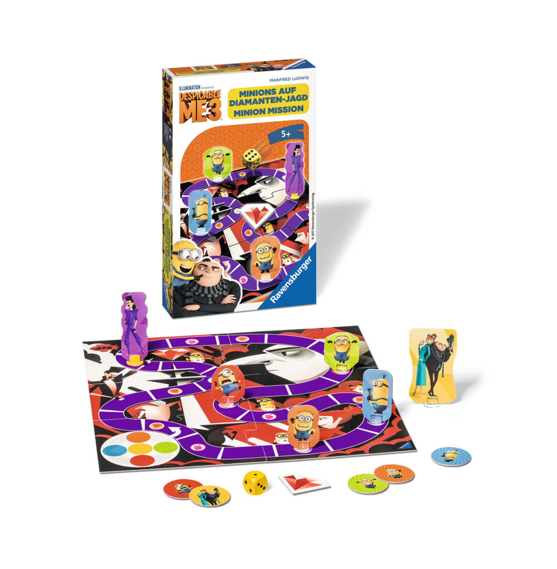 Despicable Me 3 Spielbox mit Spielbrett, Minion-Figuren und Spielsteinen.
