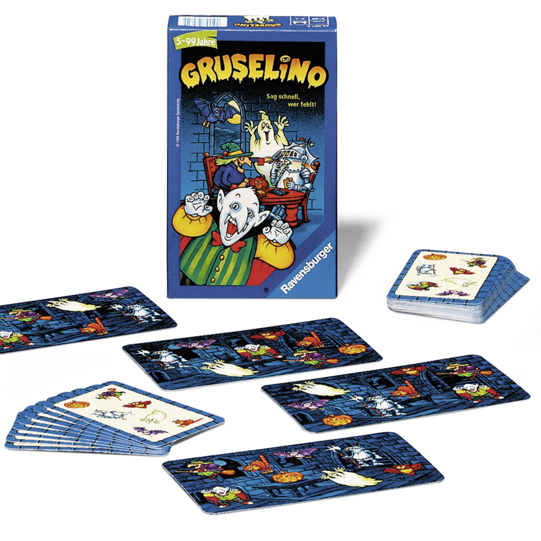 Brettspielbox mit Cartoonfiguren und Karten.