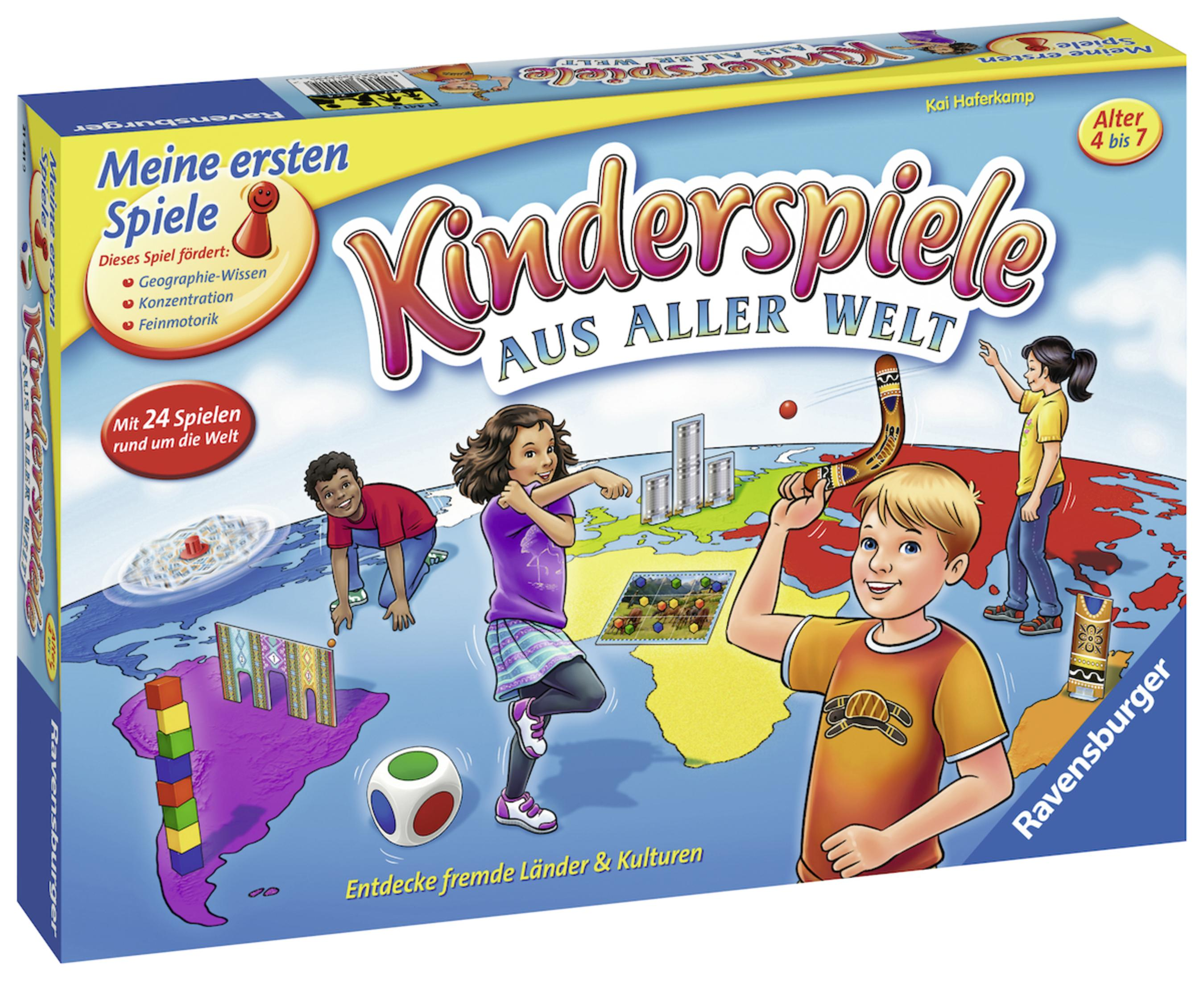 Brettspielbox mit spielenden Kindern, einer Karte und Spielsteinen. Buntes Design.