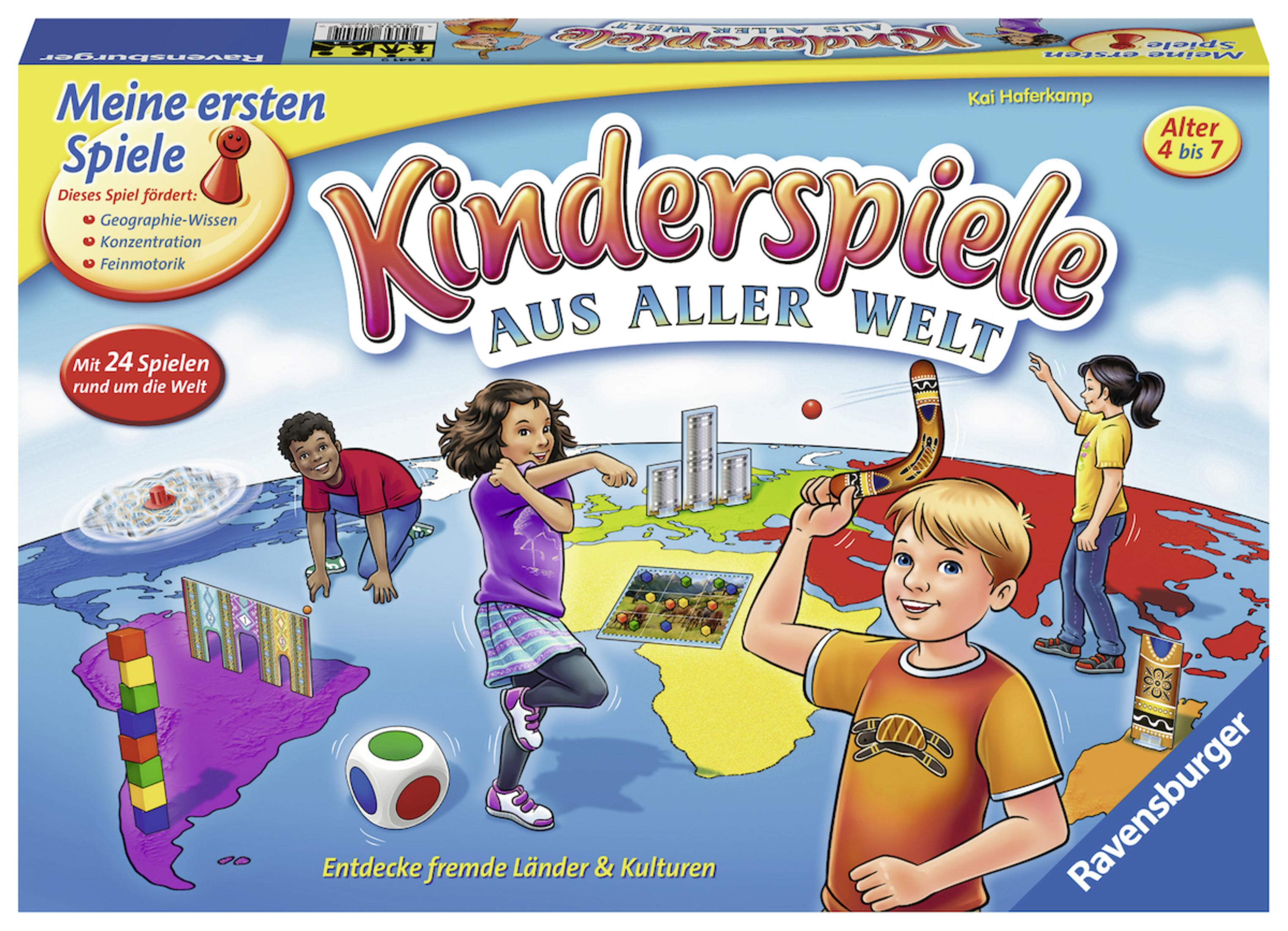 Brettspielbox und Komponenten. Kinder spielen auf einer Weltkarte. Bunte Spielsteine sind sichtbar.