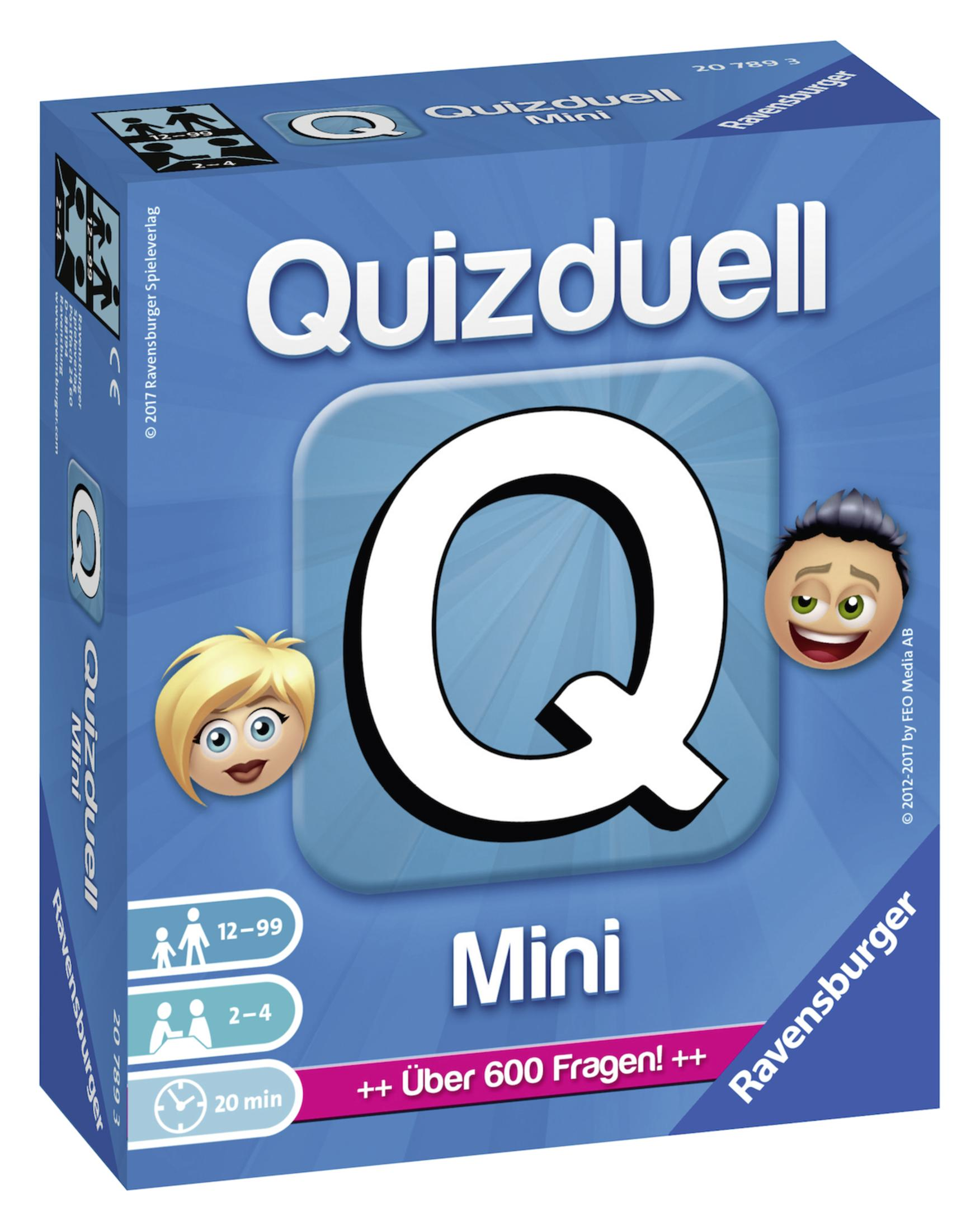 Schachtel des Spiels Quizduell Mini. Enthält den Spieletitel, ein großes 'Q', Cartoon-Gesichter und einen blauen Hintergrund.