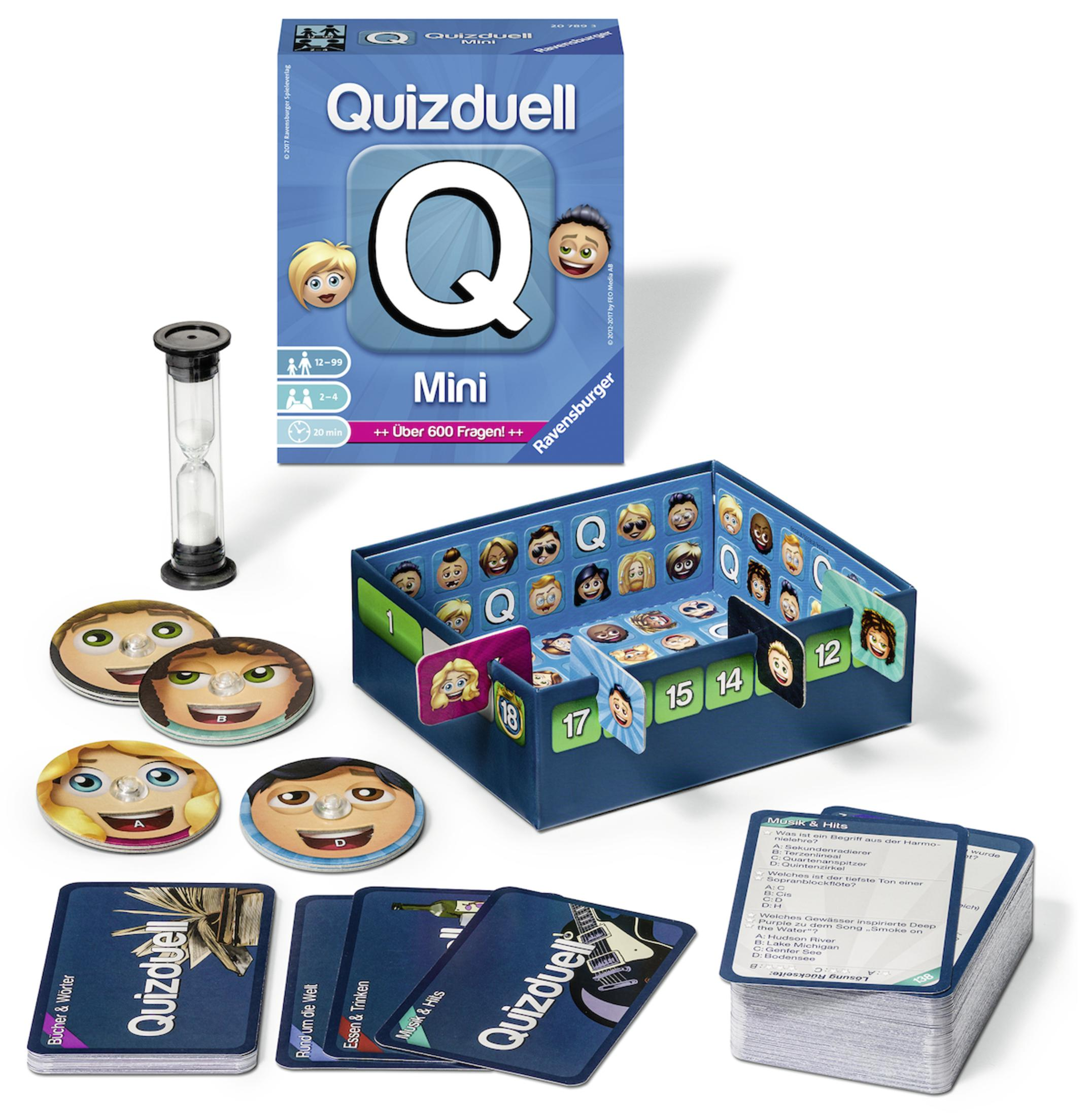 Ein Quizduell Mini Spielset mit Spielsteinen, Karten und einer Sanduhr.