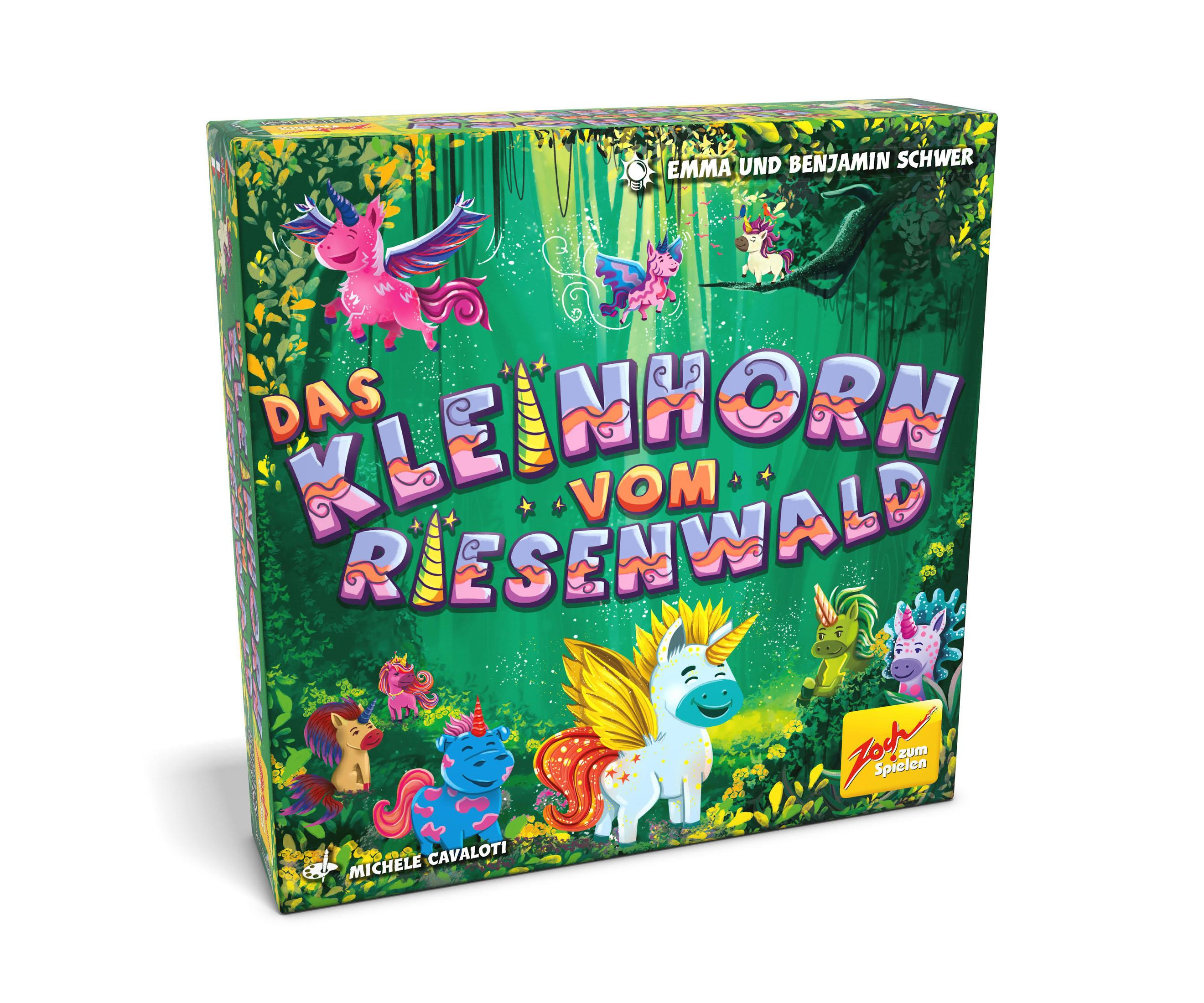 Brettspielbox mit bunten Einhörnern und Waldszene. Titel: Das Kleinhorn vom Riesenwald.