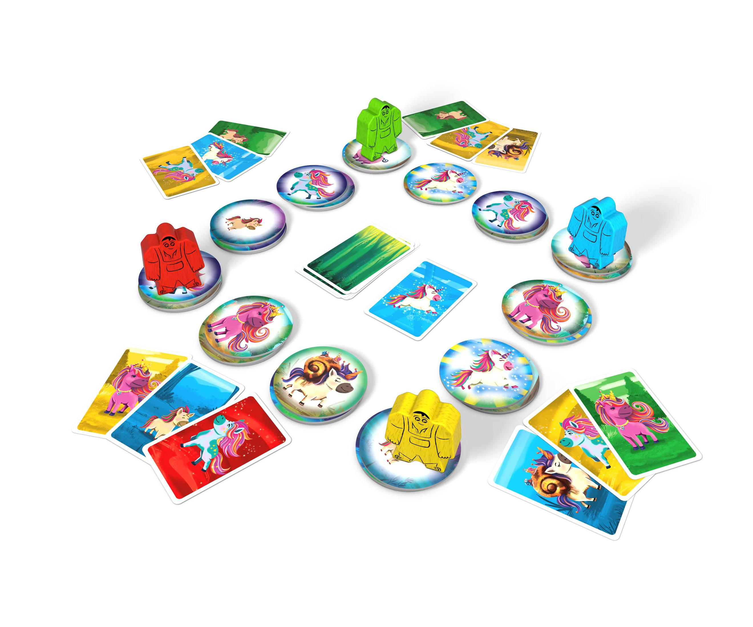 Brettspielteile, darunter Karten, Spielsteine und Figuren von Einhörnern.