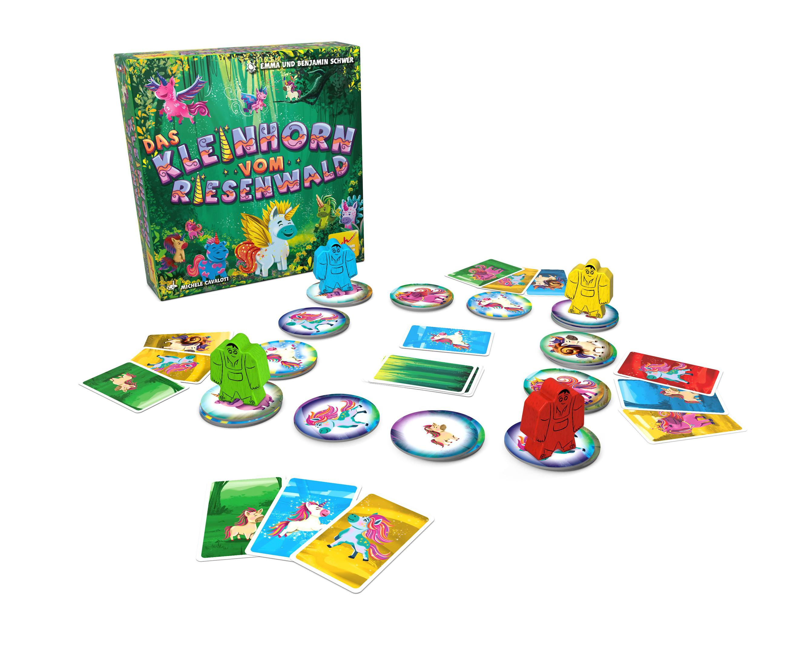 Brettspielbox und Komponenten. Spiel enthält Karten und bunte Spielsteine auf weißer Oberfläche.