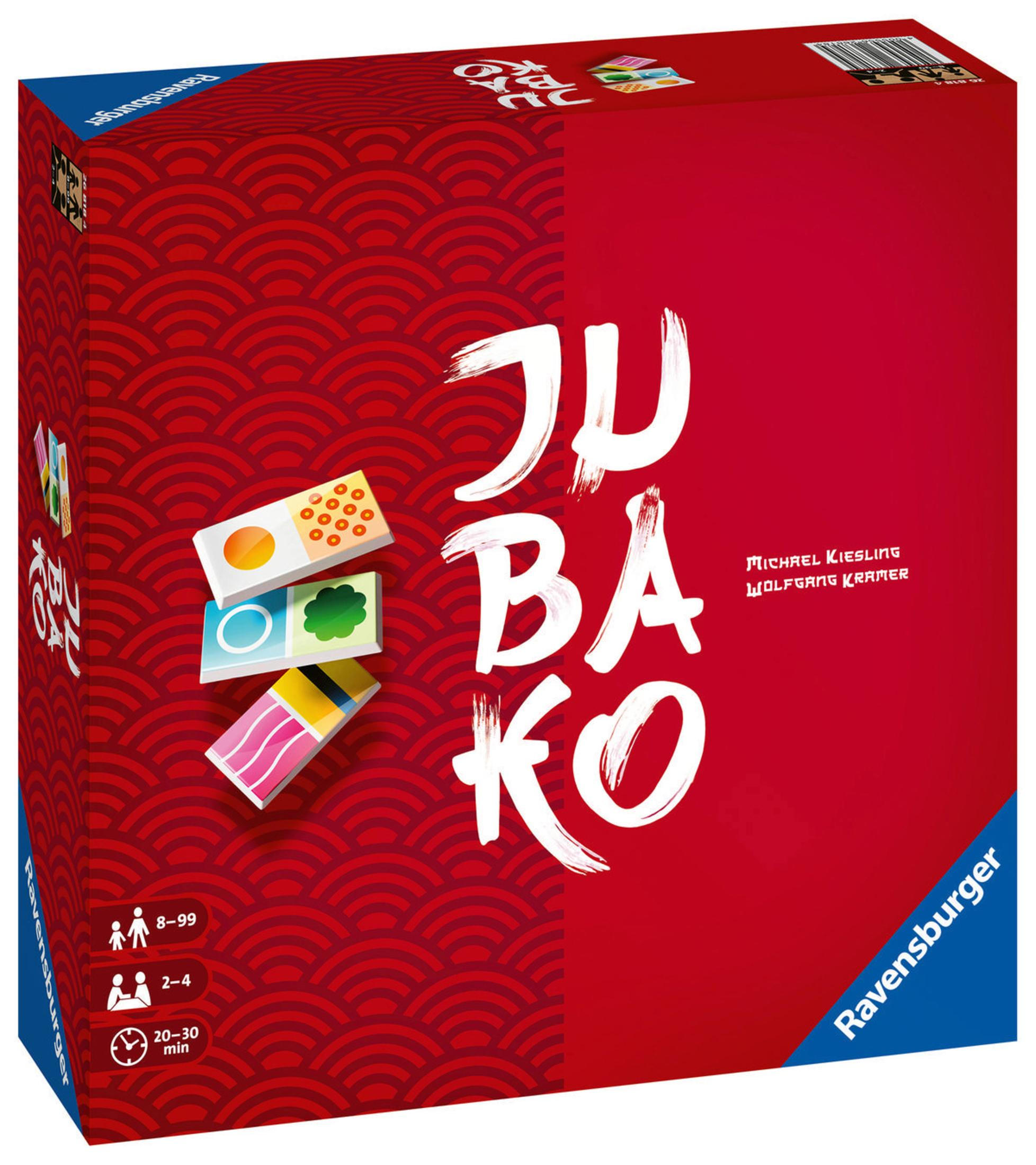 Spielbox mit rotem und weißem Hintergrund, Spieltitel und farbenfrohen Spielsteinen.
