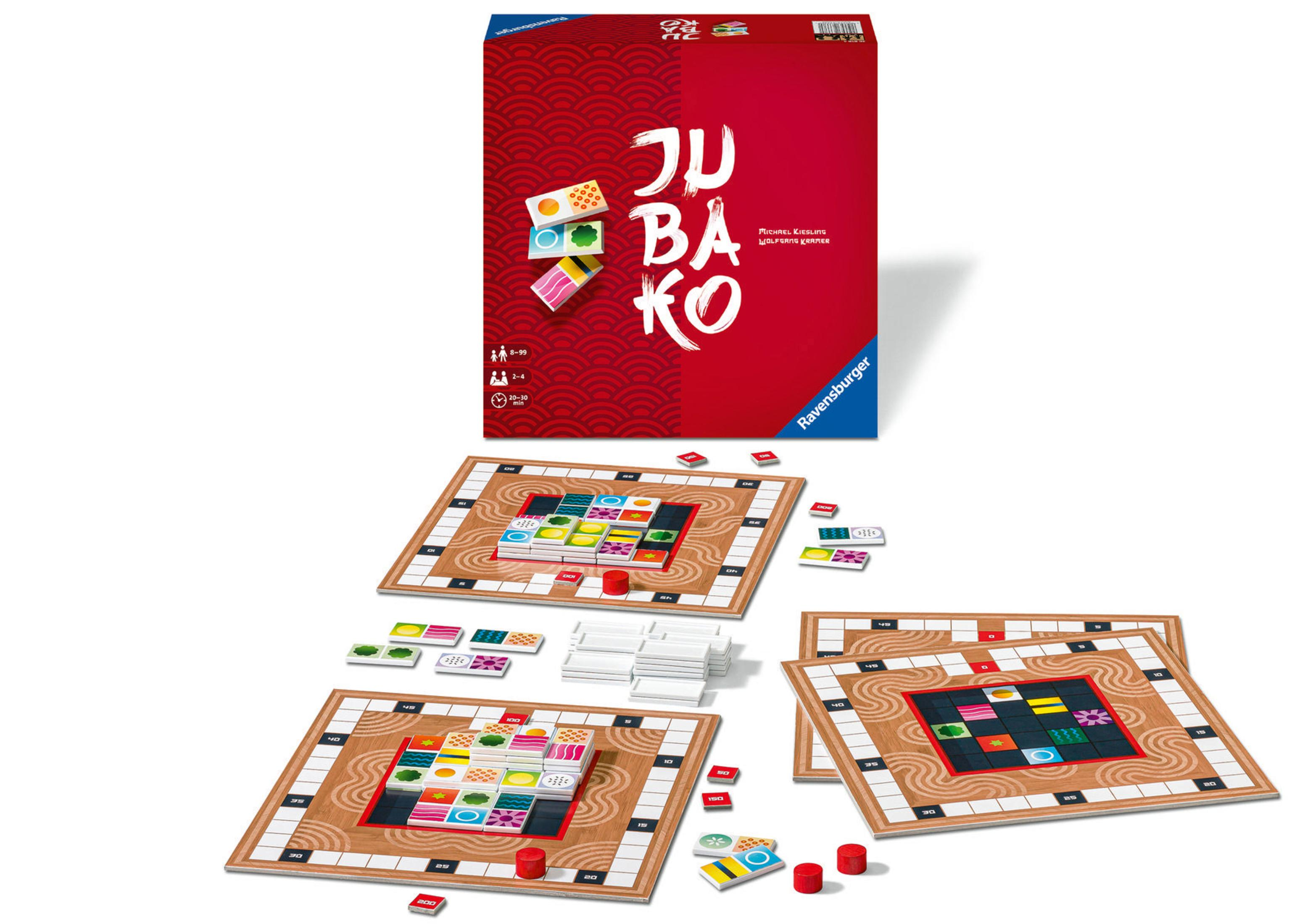Ein Brettspiel mit drei Spielbrettern, Spielsteinen und einer roten Box mit dem Spieletitel.