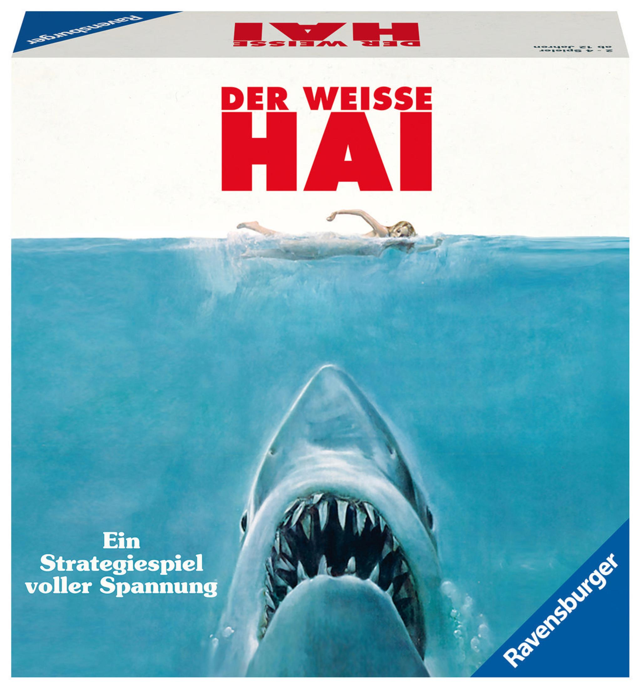 Box mit Hai-Bild und einer Person, die im Wasser schwimmt. Weißer Hintergrund und Text auf Deutsch.