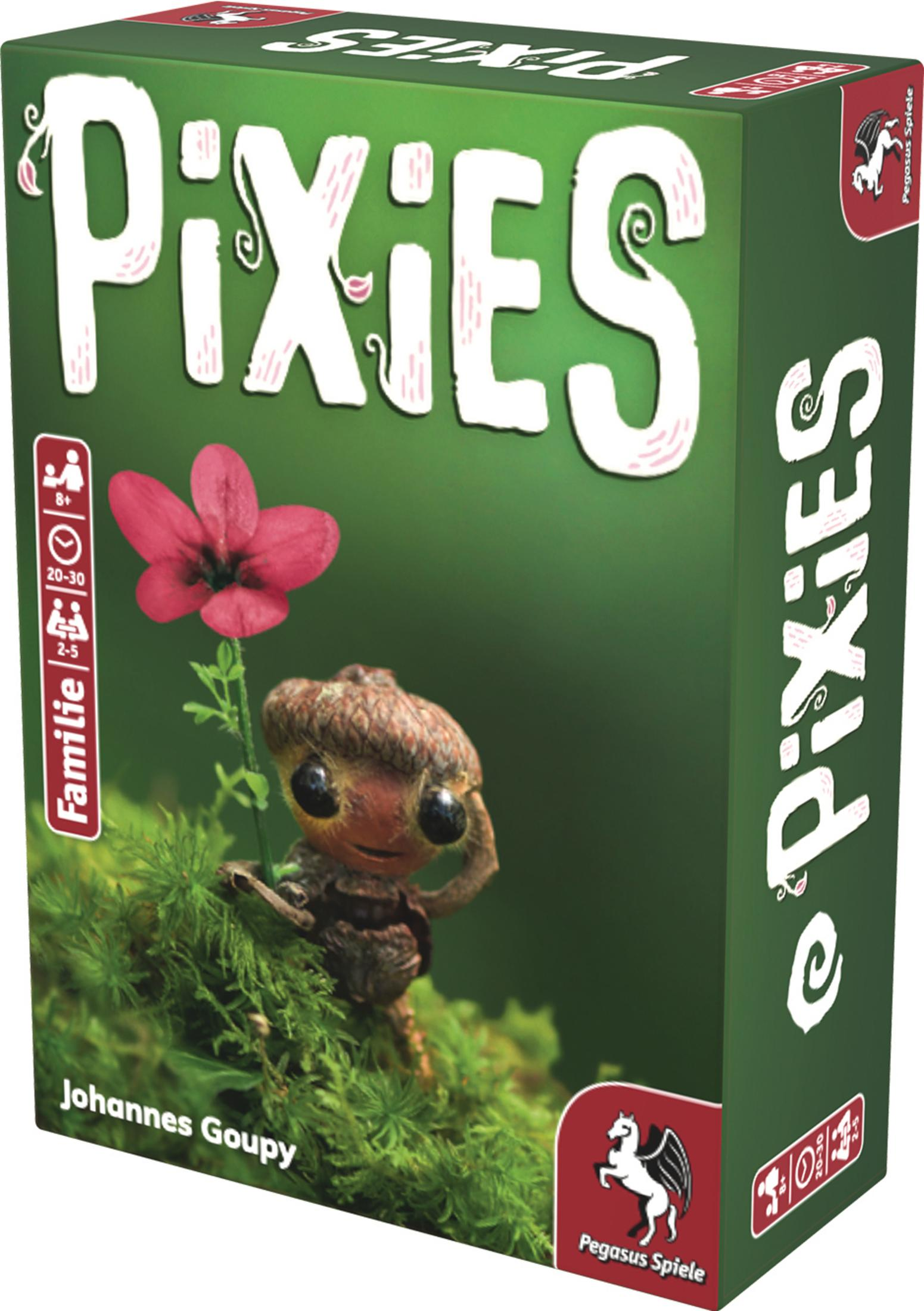 Boîte de jeu de société. Jeu Pixies avec une figurine de pixie et une fleur sur fond vert.