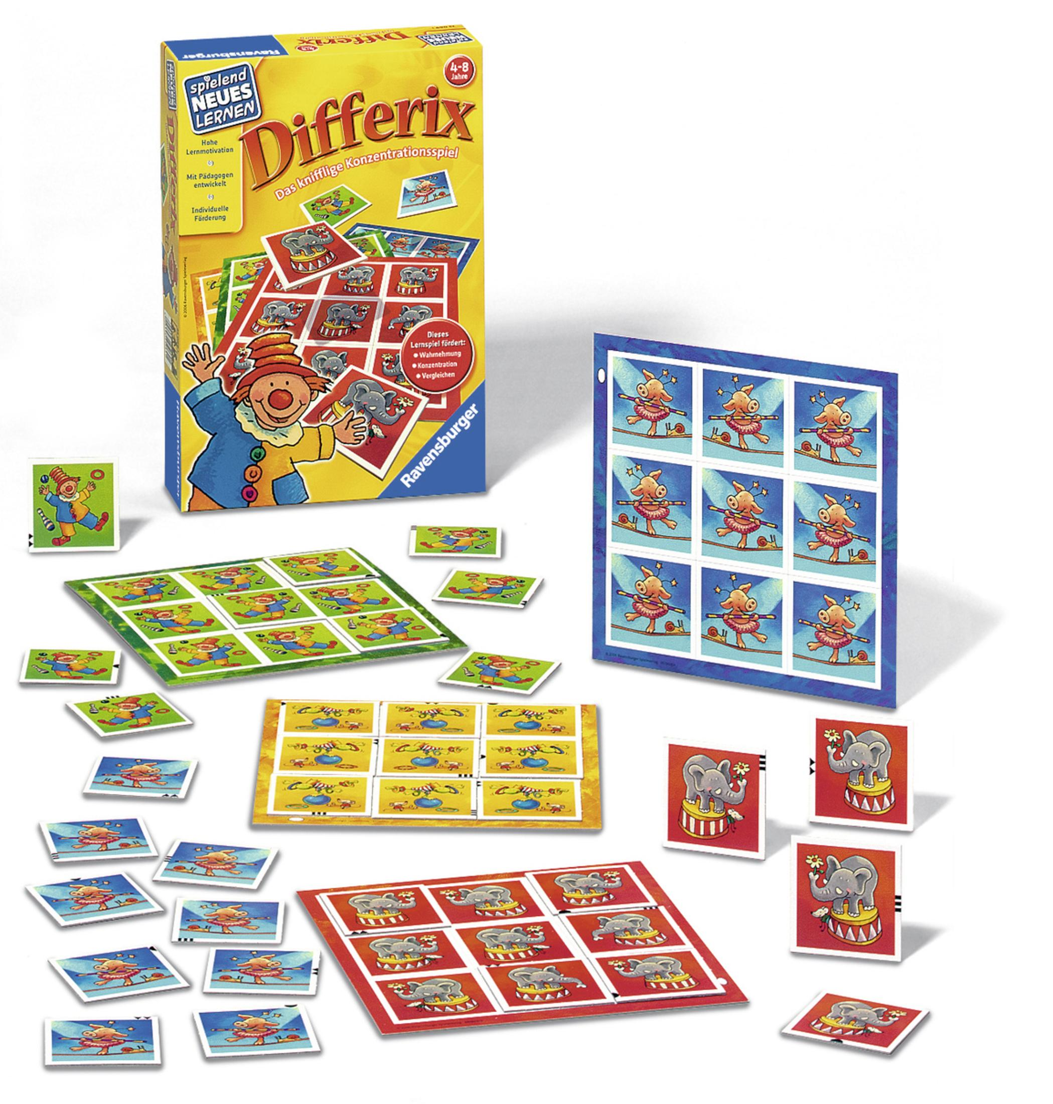 Gioco Differix con un pagliaccio, carte e pezzi del gioco con immagini circensi.