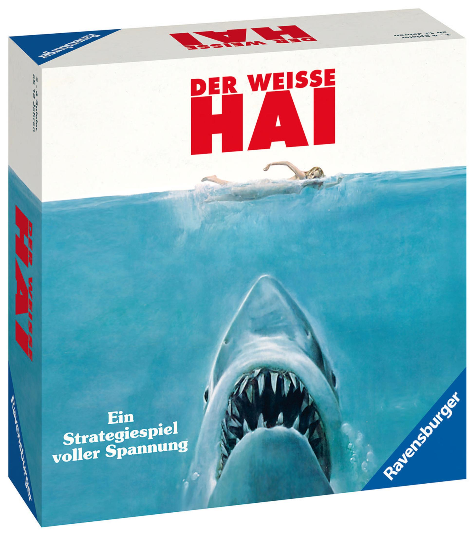 Eine Schachtel des Brettspiels 'Der Weisse Hai'. Ein Hai greift einen Schwimmer im Wasser an.