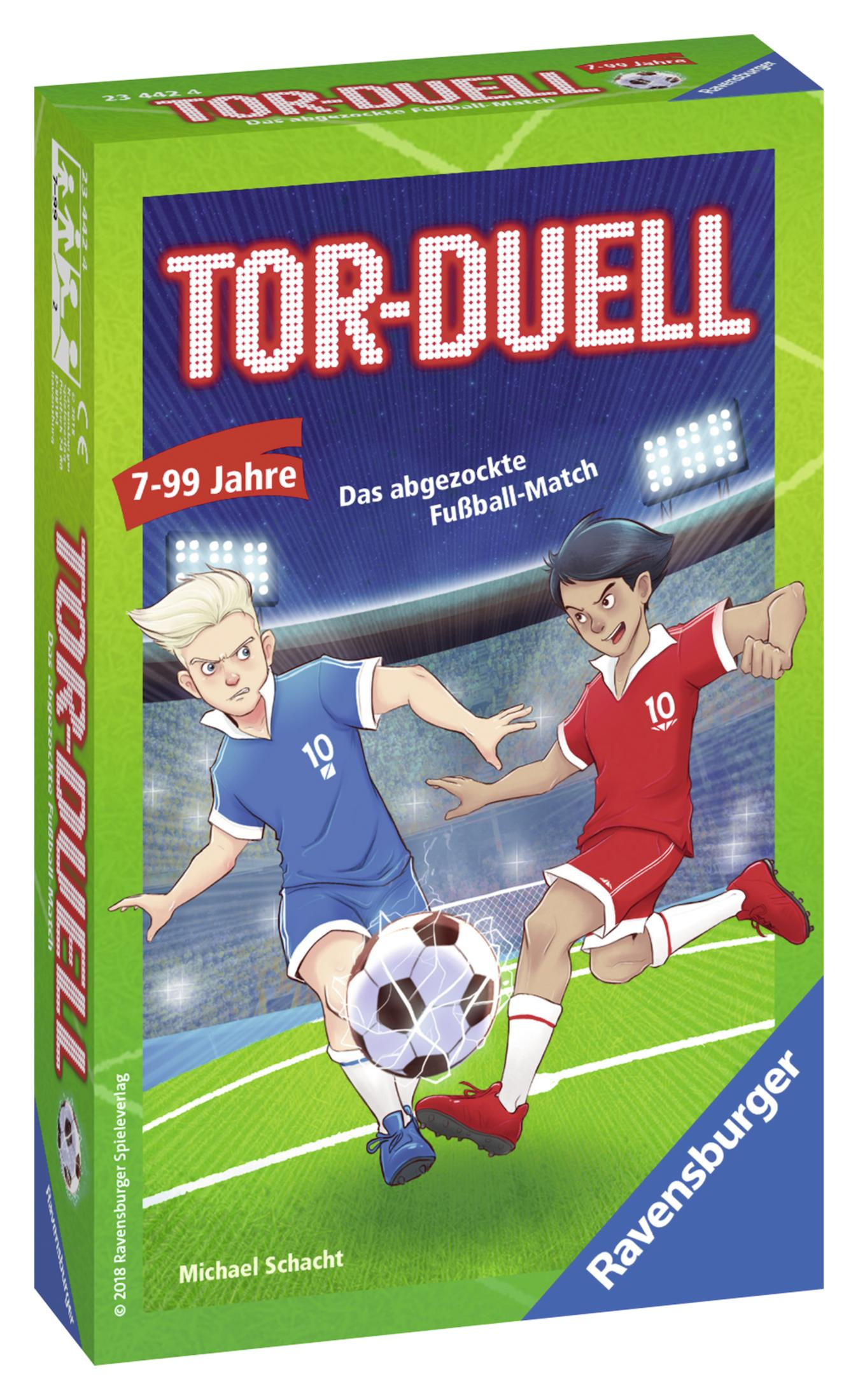 Eine Spielbox mit einer Fußballillustration und zwei Spielern in Aktion.