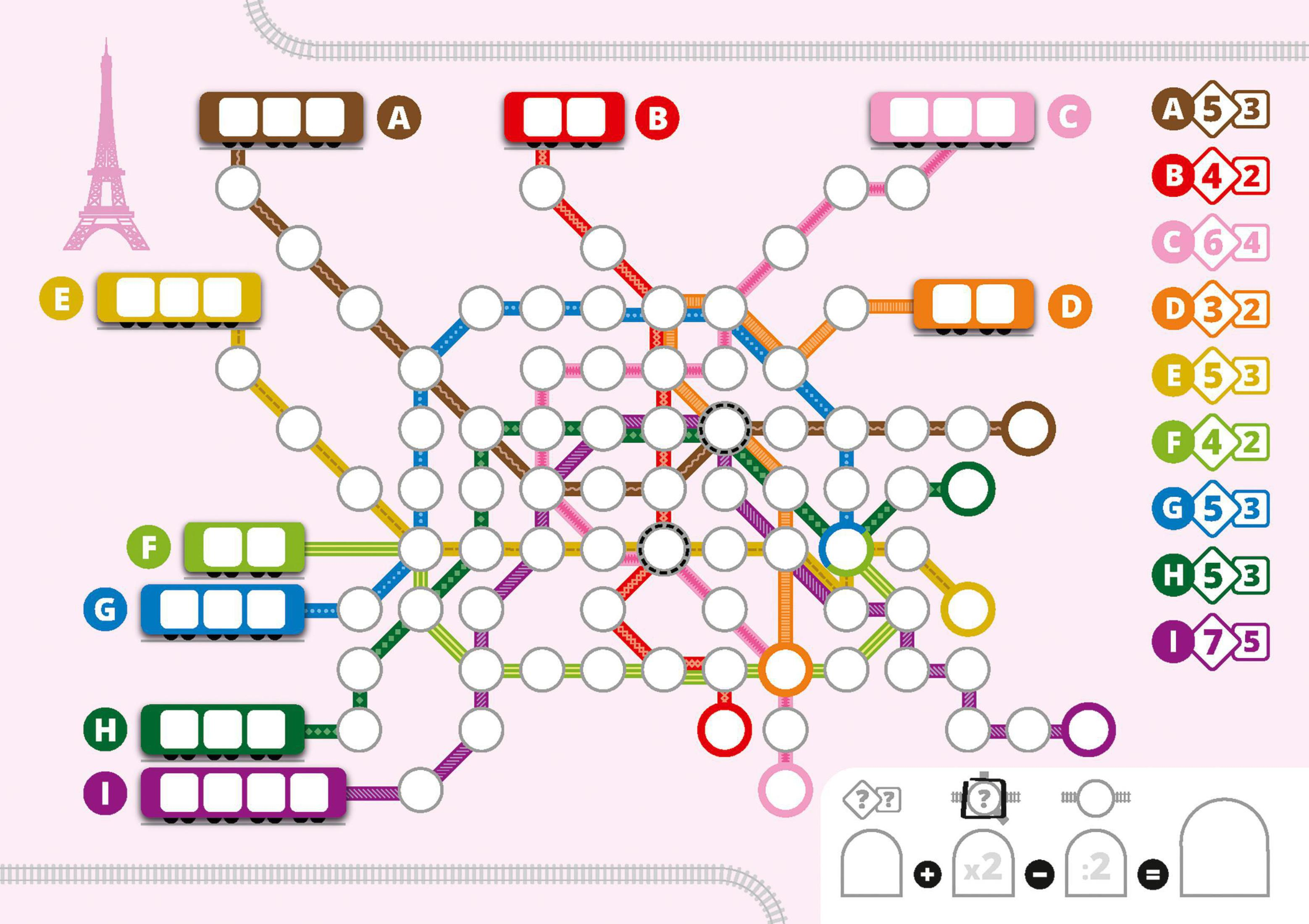 Ein U-Bahn-Plan auf rosa Hintergrund mit Linien und Beschriftungen für verschiedene Stationen und Routen.