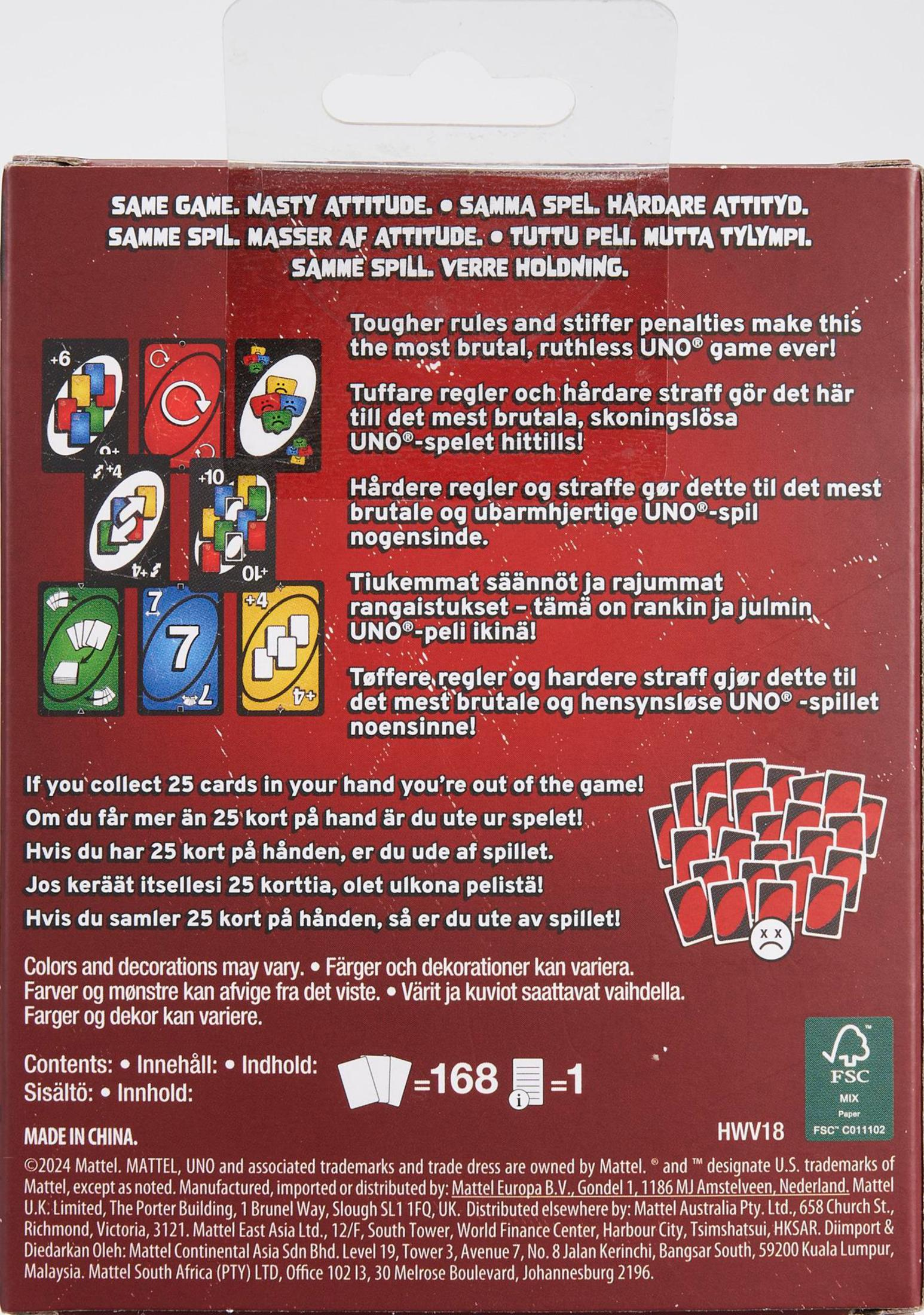 Tył pudełka po kartach UNO, pokazujący przykłady kart i tekst w wielu językach.