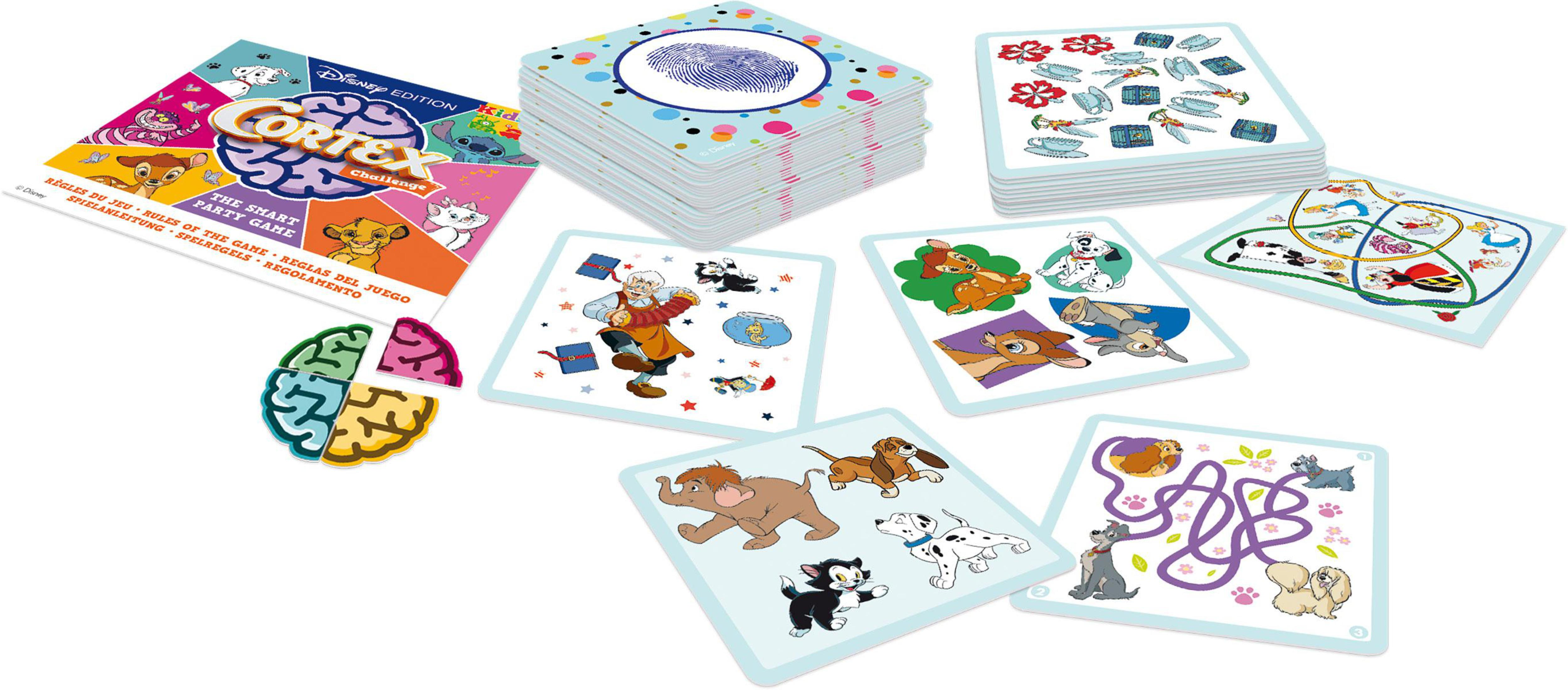 Disney Cortex Brettspiel mit Karten mit Disney-Figuren und gehirnförmigen Puzzleteilen.