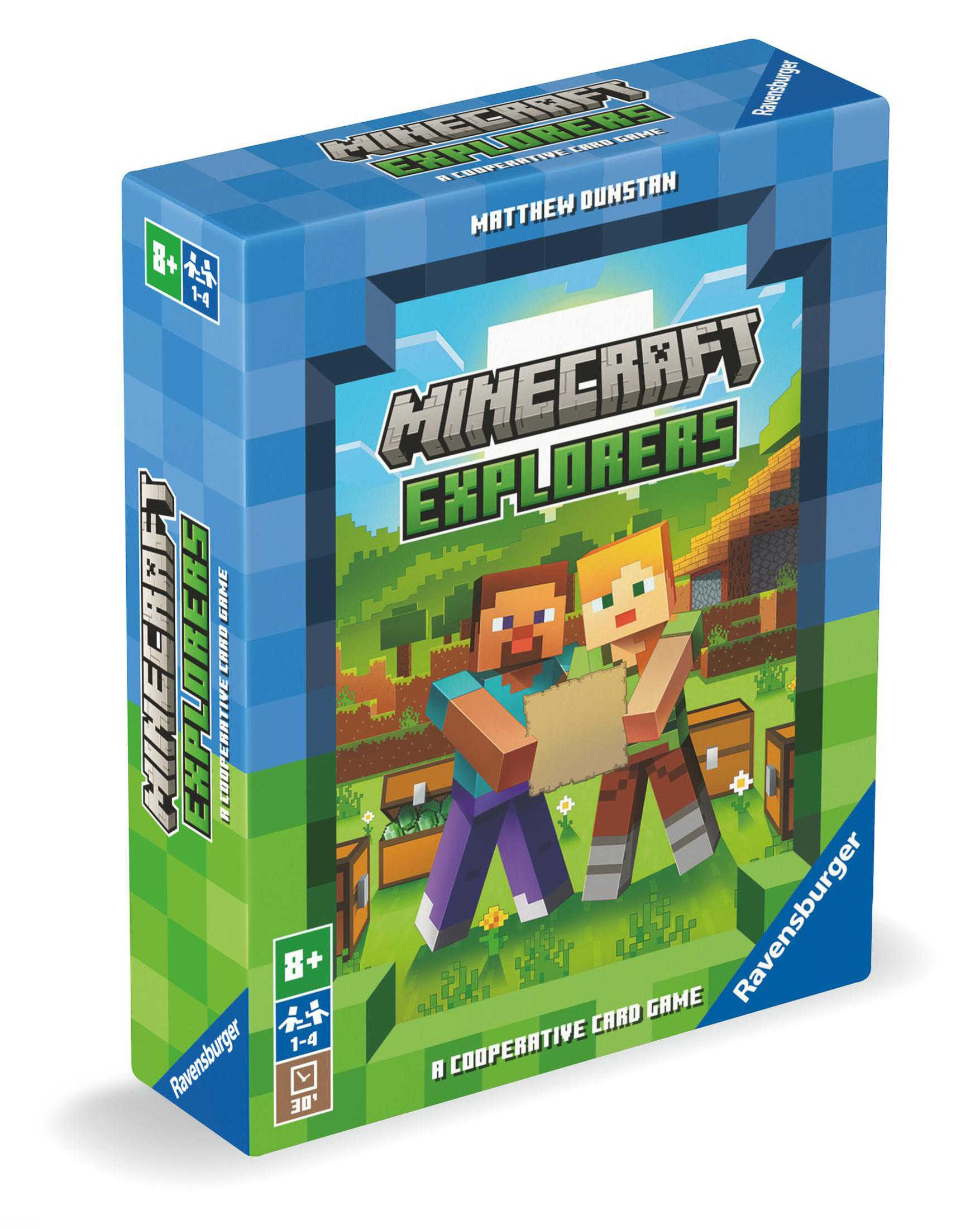 Boîte du jeu Minecraft Explorers. Deux personnages du jeu sont sur la couverture. Fond vert et bleu.