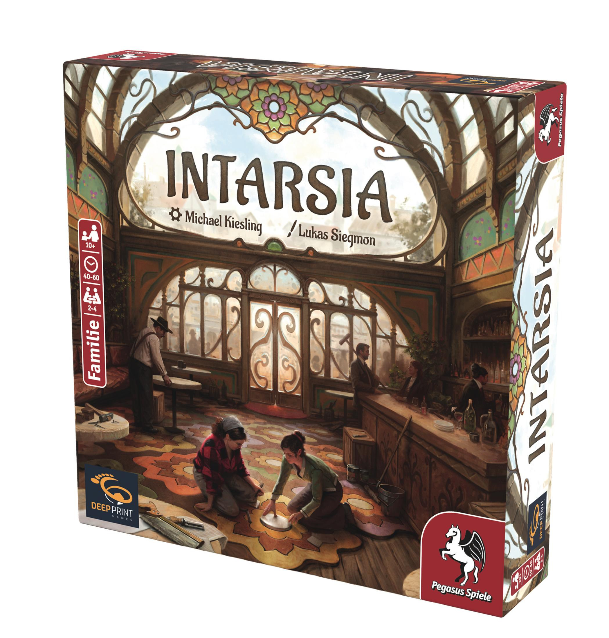 Brettspielbox von 'INTARSIA'. Leute sind in einem Raum. Die Box hat mehrere Farben.