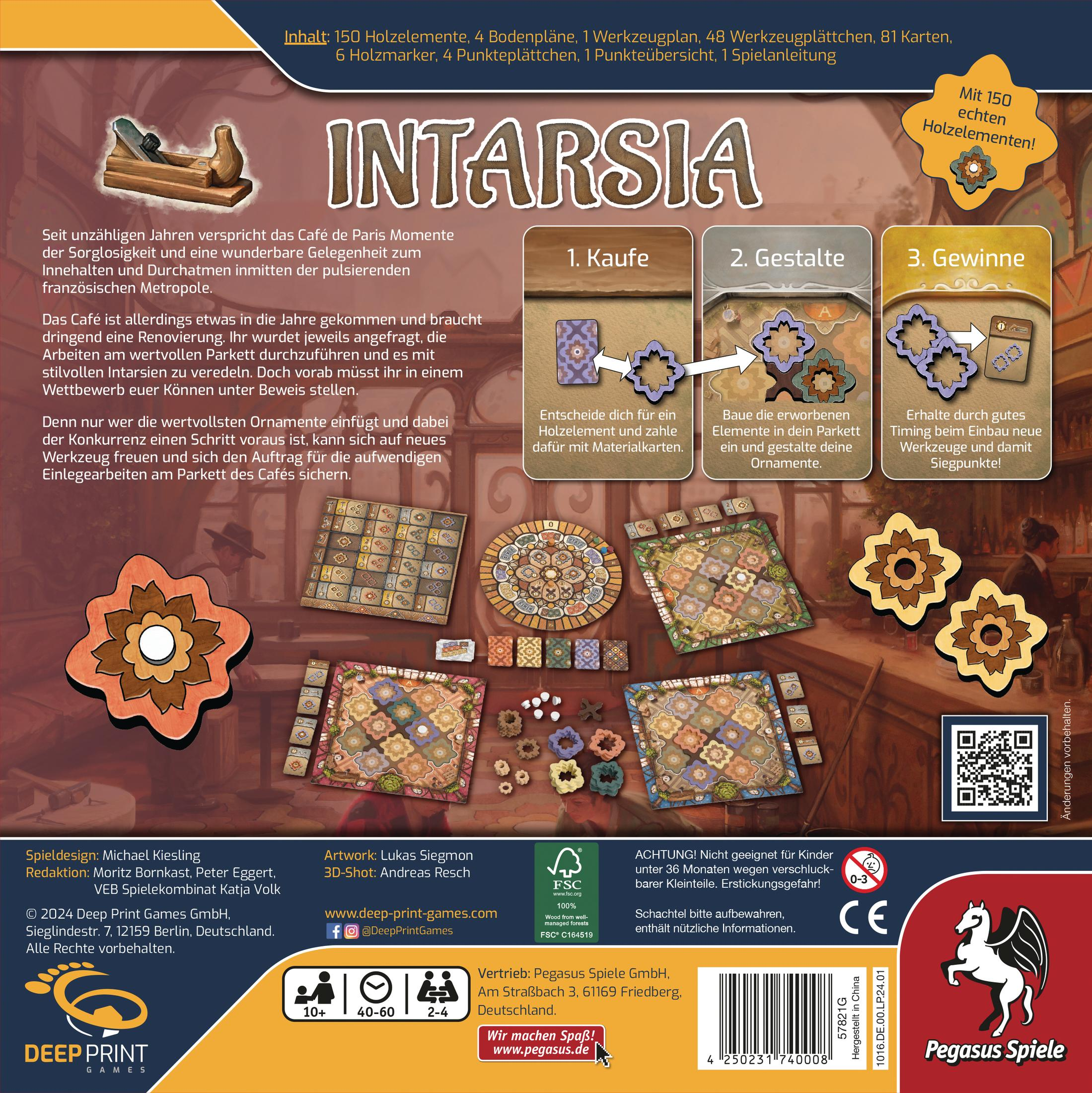 Brettspielbox mit dem Titel des Spiels, Intarsia. Spielbrett und Teile sind sichtbar.