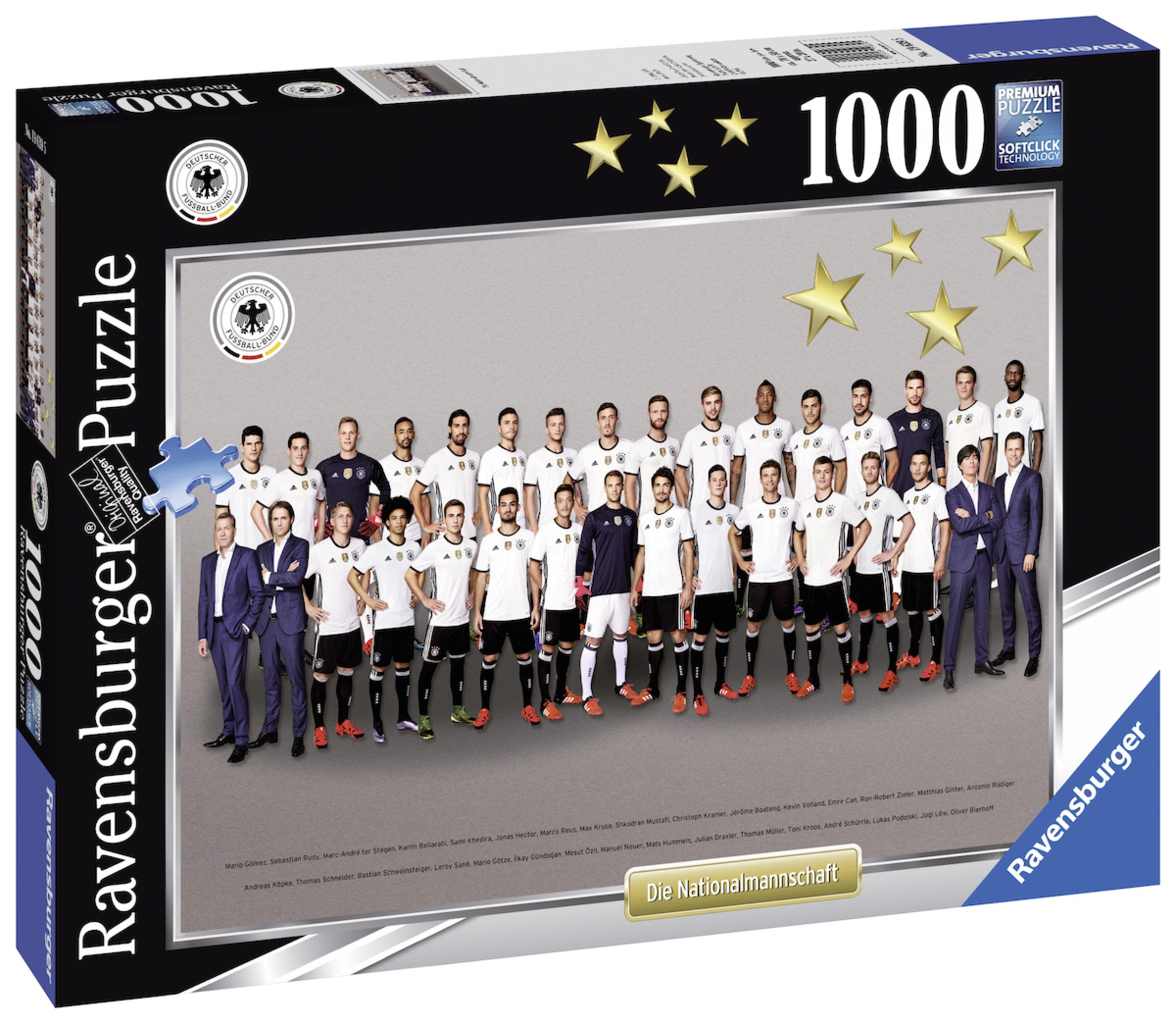 Eine 1000-teilige Puzzlebox mit einer Fußballmannschaft und dem Logo 'Ravensburger Puzzle'.