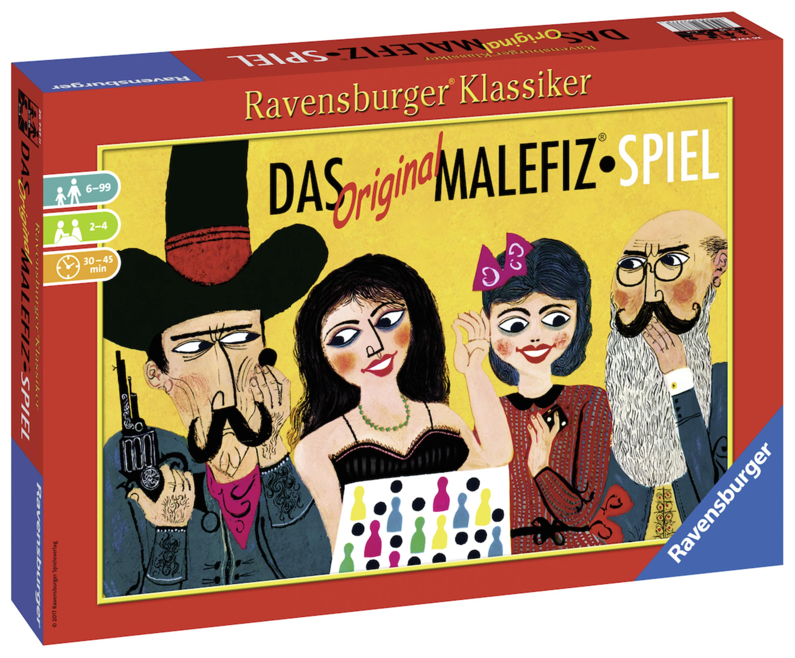 Scatola del gioco Das Original Malefiz Spiel con personaggi dei cartoni animati, il gioco da tavolo è visibile.