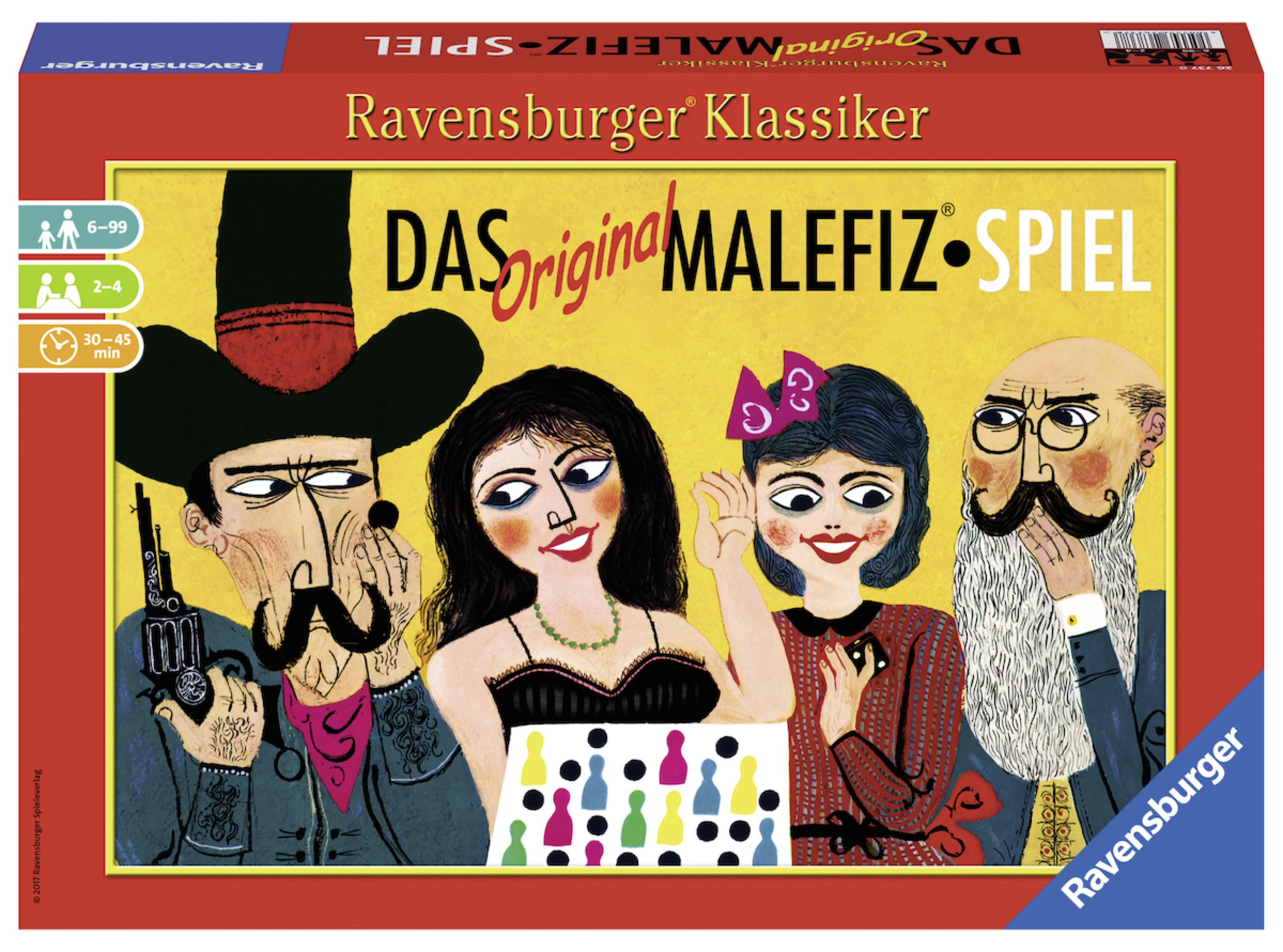Scatola di gioco con quattro personaggi dei cartoni animati. Il gioco si chiama "DAS Original MALEFIZ SPIEL".