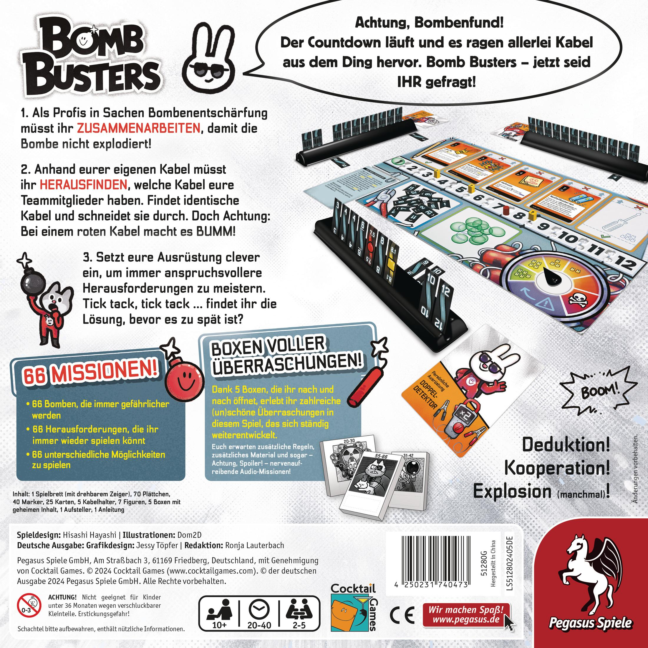 Brettspielschachtel und Spielbrett. Anweisungen auf Deutsch. Titel: Bomb Busters, mit einem Hasen.