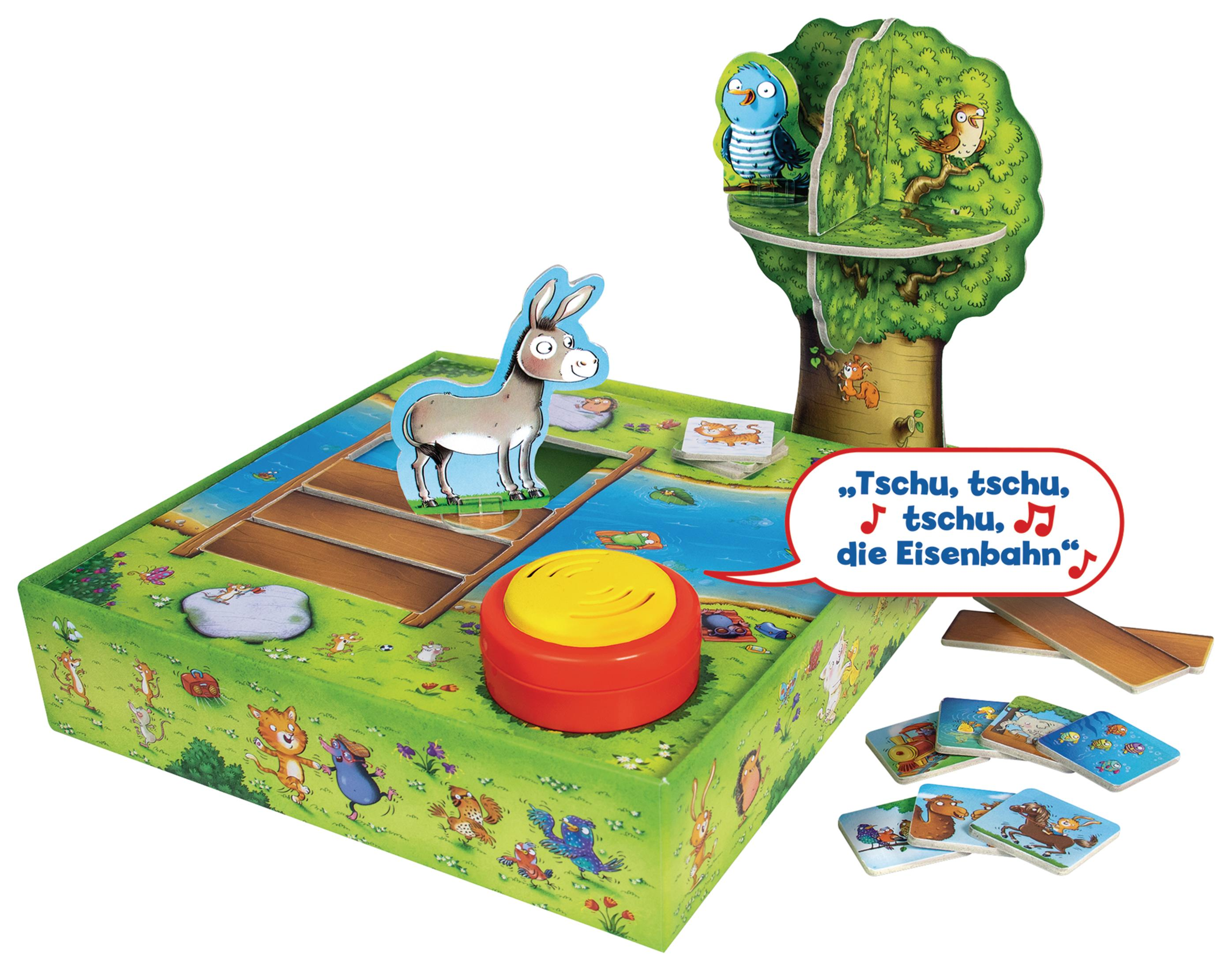 Ein Kinderspiel mit einem Esel, Baum und Noten. Es ist ein
