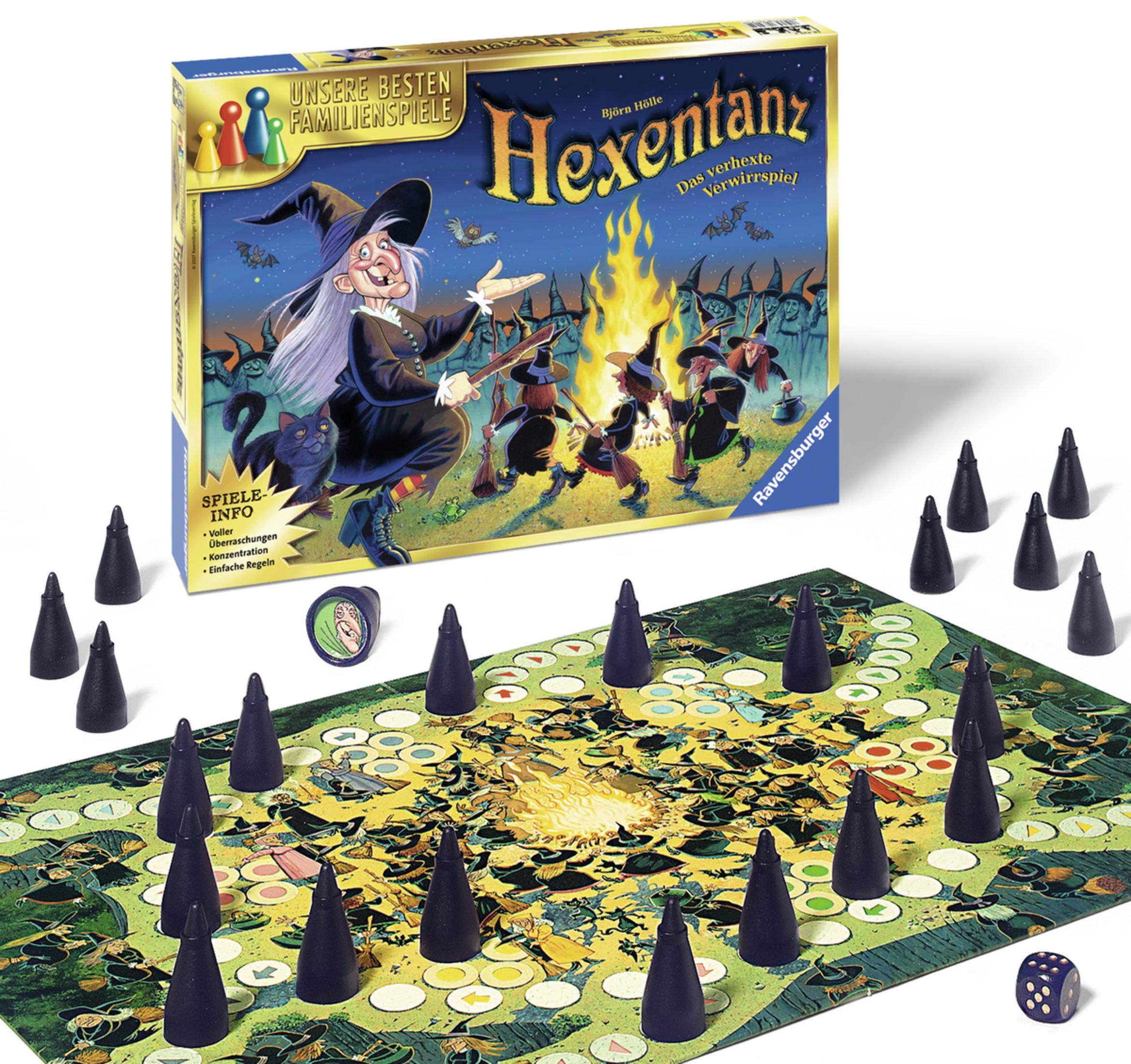 Scatola di gioco da tavolo con una strega, un falò e coni neri. Il gioco è "Hexentanz".
