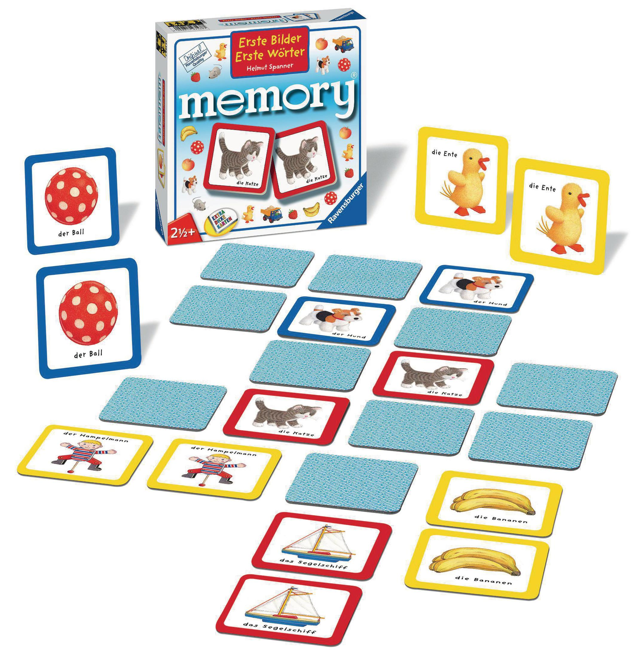 Scatola del gioco Memory e carte con immagini di gatti, uova e anatre.