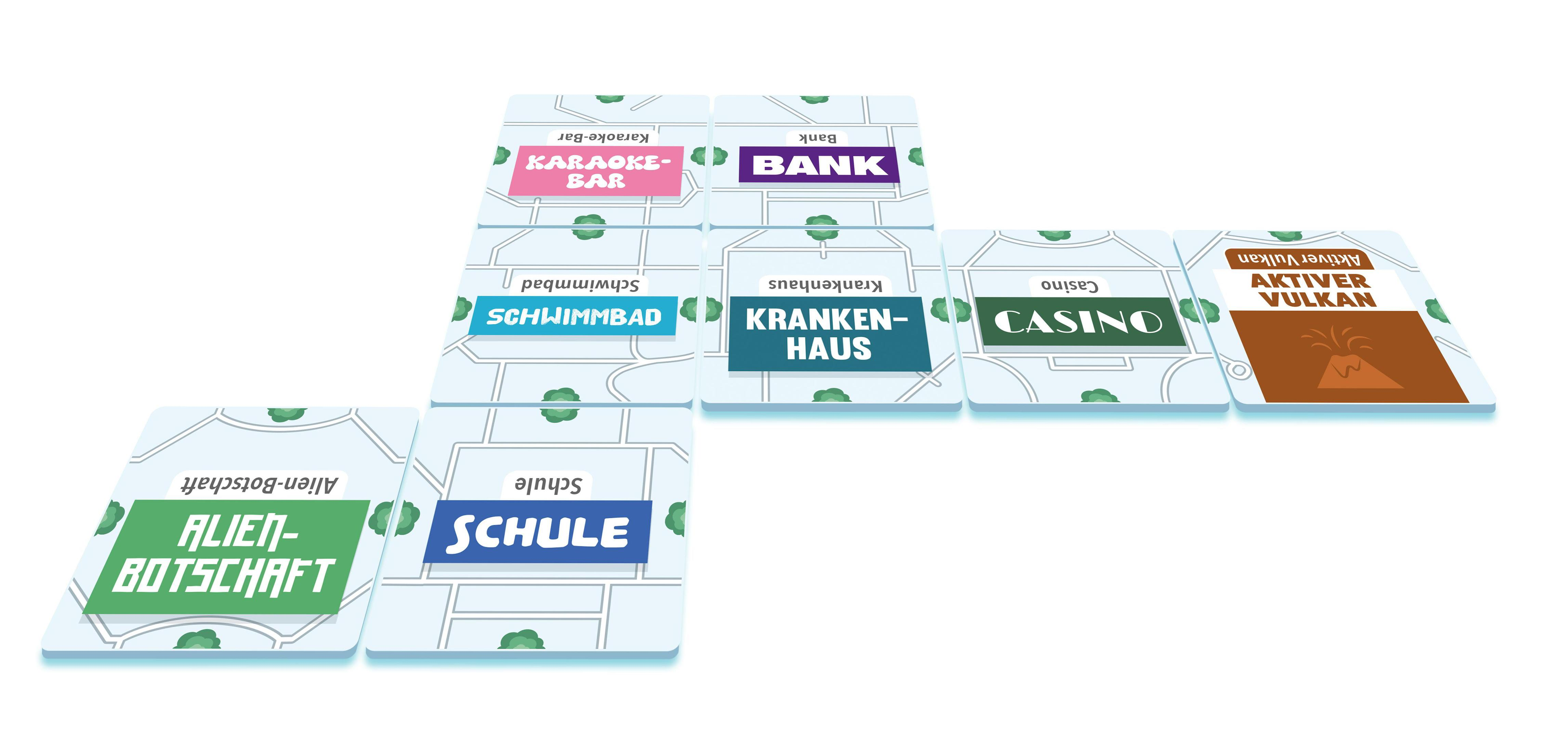 Ausgelegte Karten mit Städtenamen wie Karaoke-Bar, Bank, Schule und Krankenhaus, die einen Stadtplan darstellen.